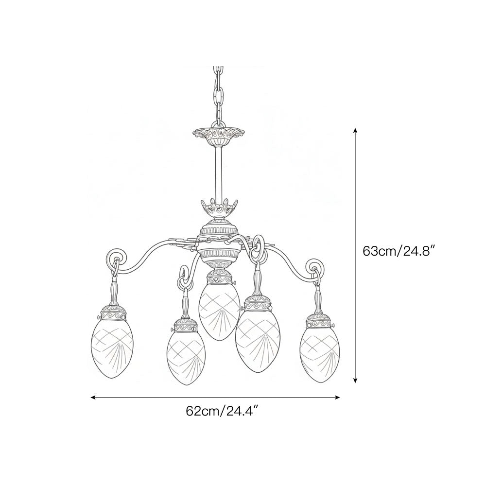 Close-up of a white glass lampshade on the brass chandelier arm.