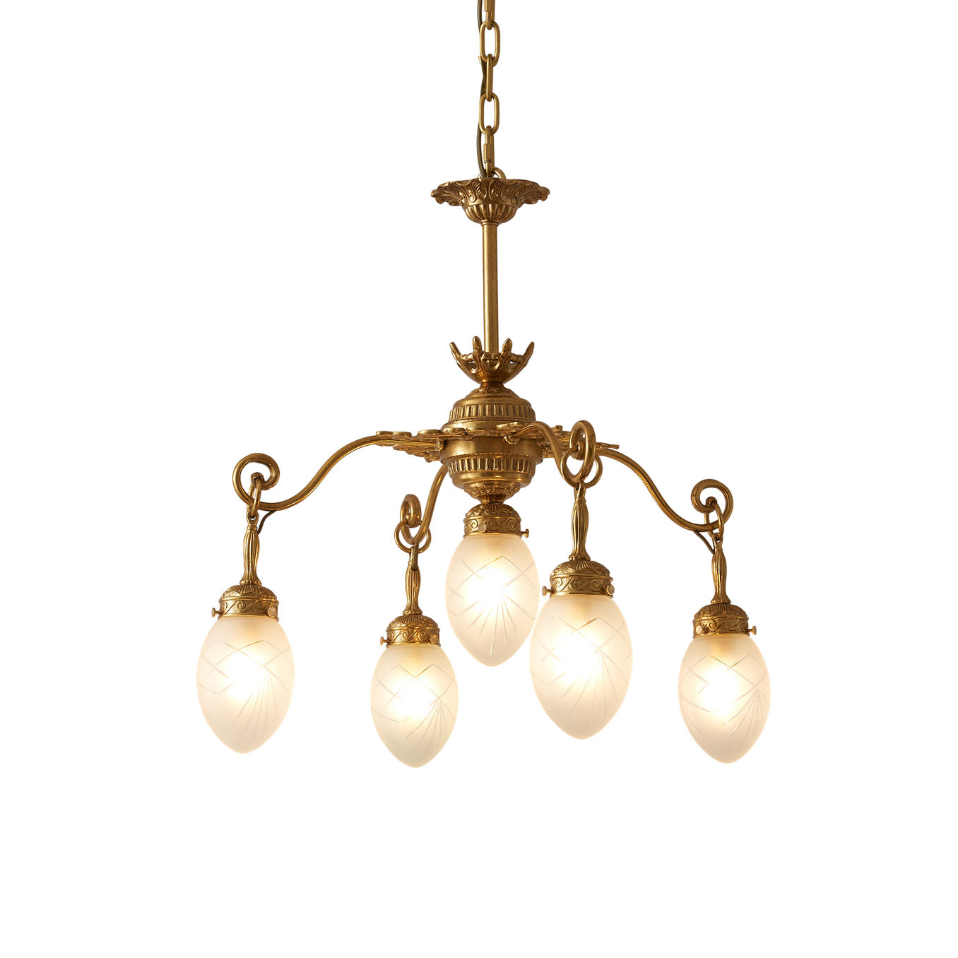 Quezal Chandelier with five glass shades and brass body.