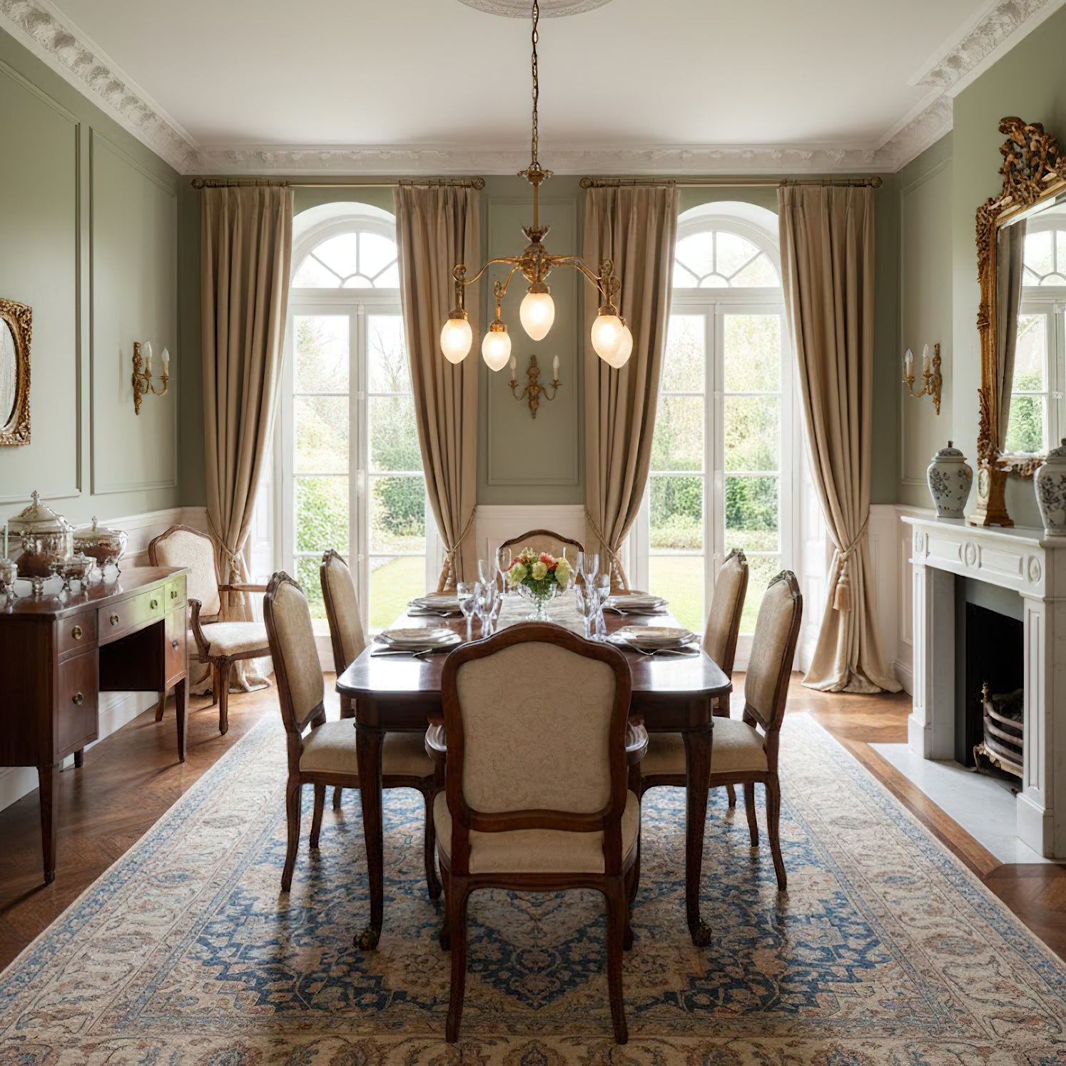 The chandelier illuminated, casting a warm and ambient glow.
