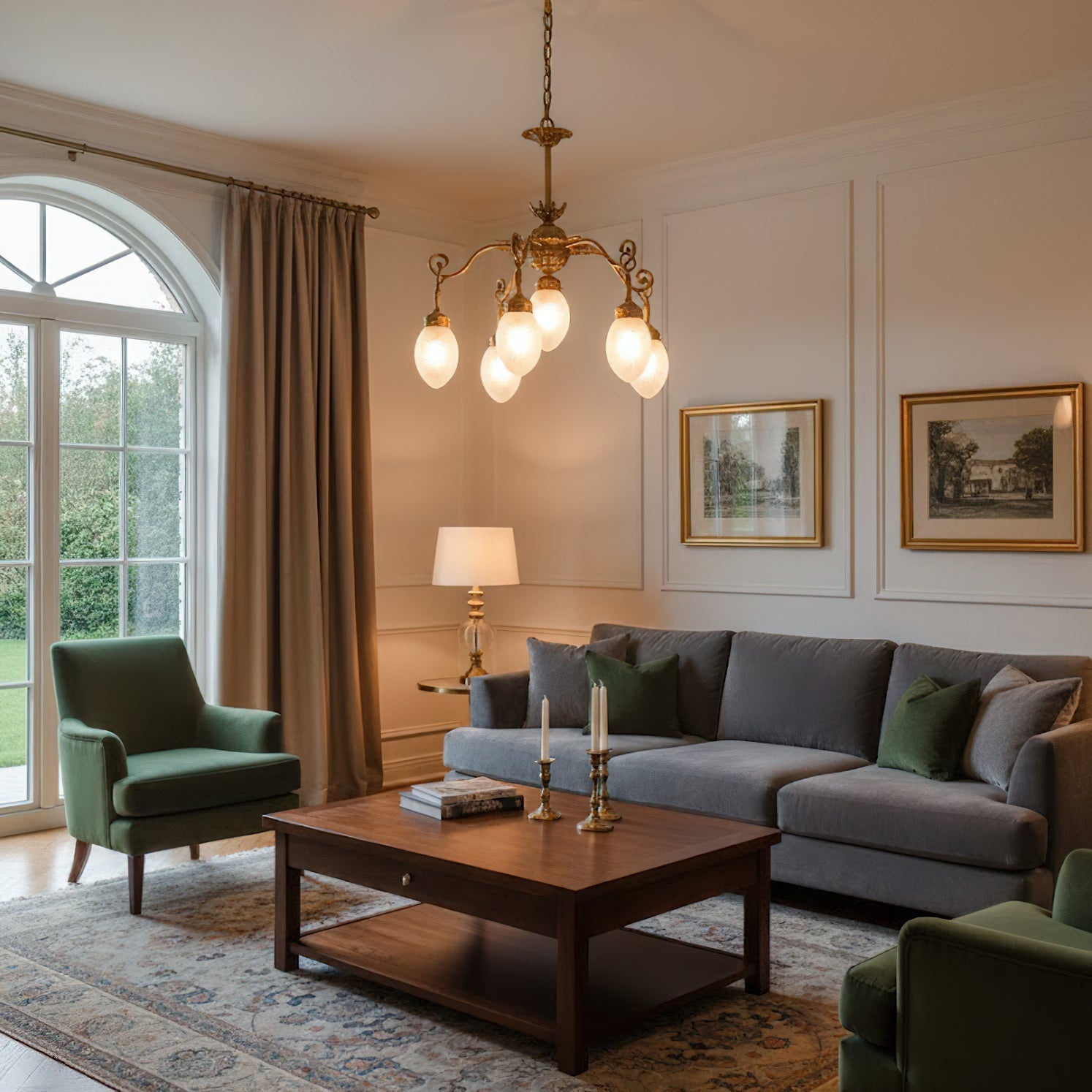 Angled view of the Quezal Chandelier showcasing its architectural form.