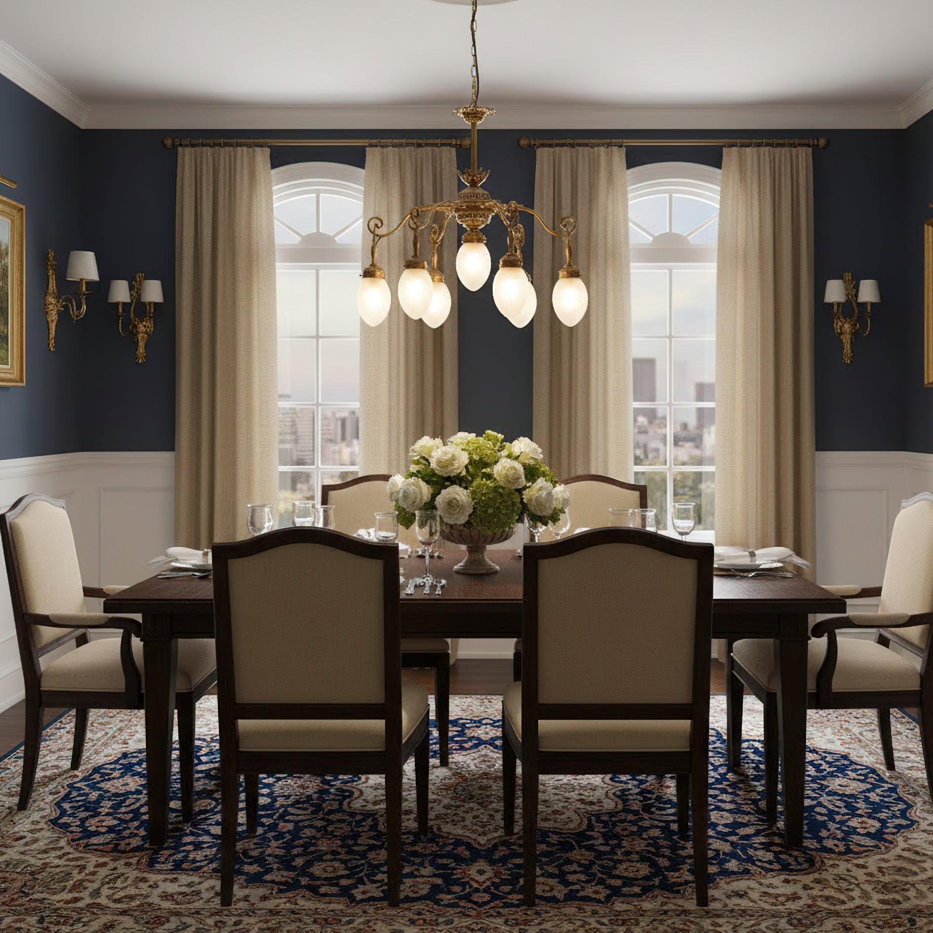 The elegant Quezal Chandelier installed above a dining room table.