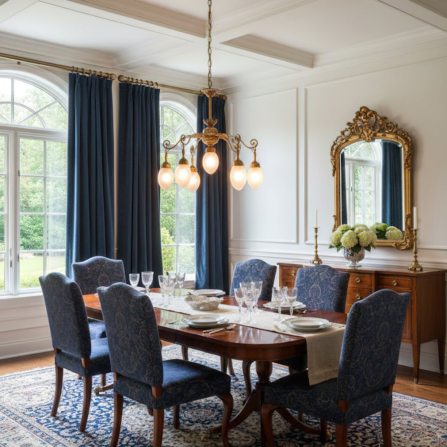 Lifestyle view of the Quezal Chandelier in a grand living area.