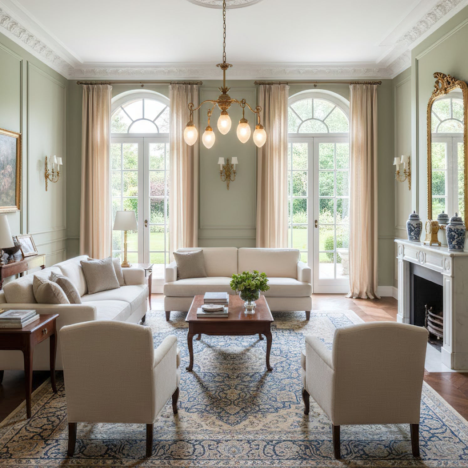 Side profile of the Quezal Chandelier against a neutral wall.