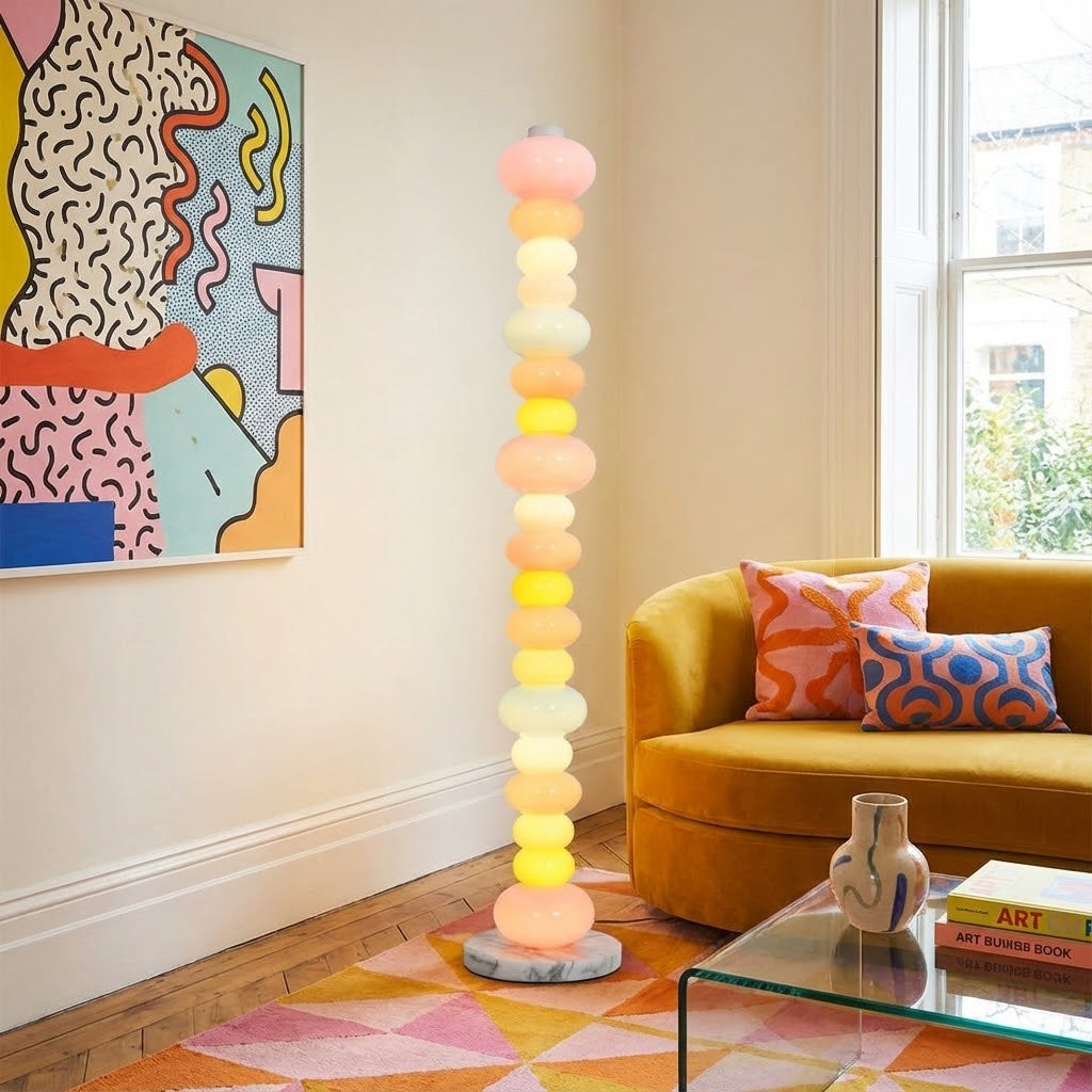 Close-up of the stacked, colored glass pebbles on the floor lamp.