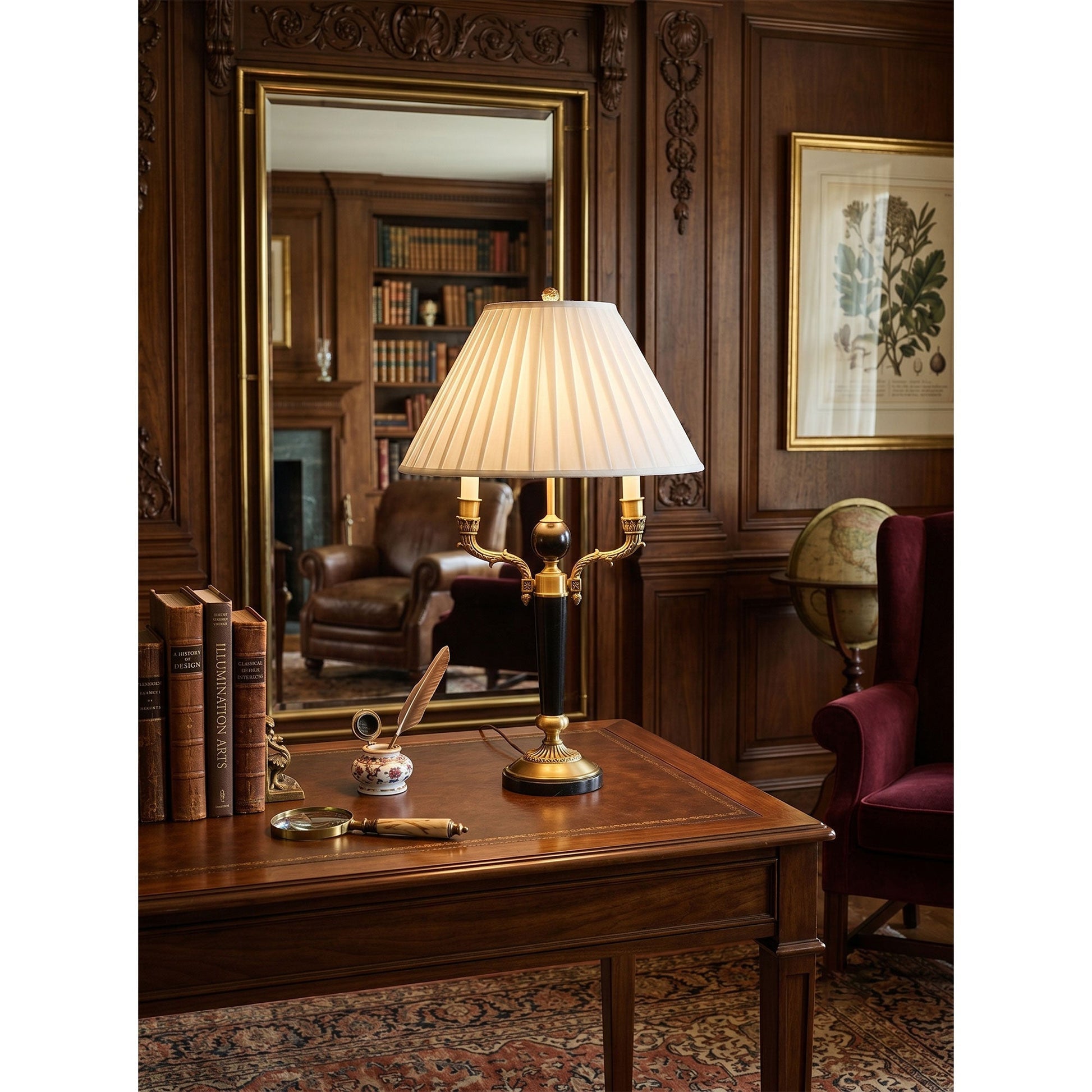 The Ellender Table Lamp placed on a wooden desk in a home office setting.
