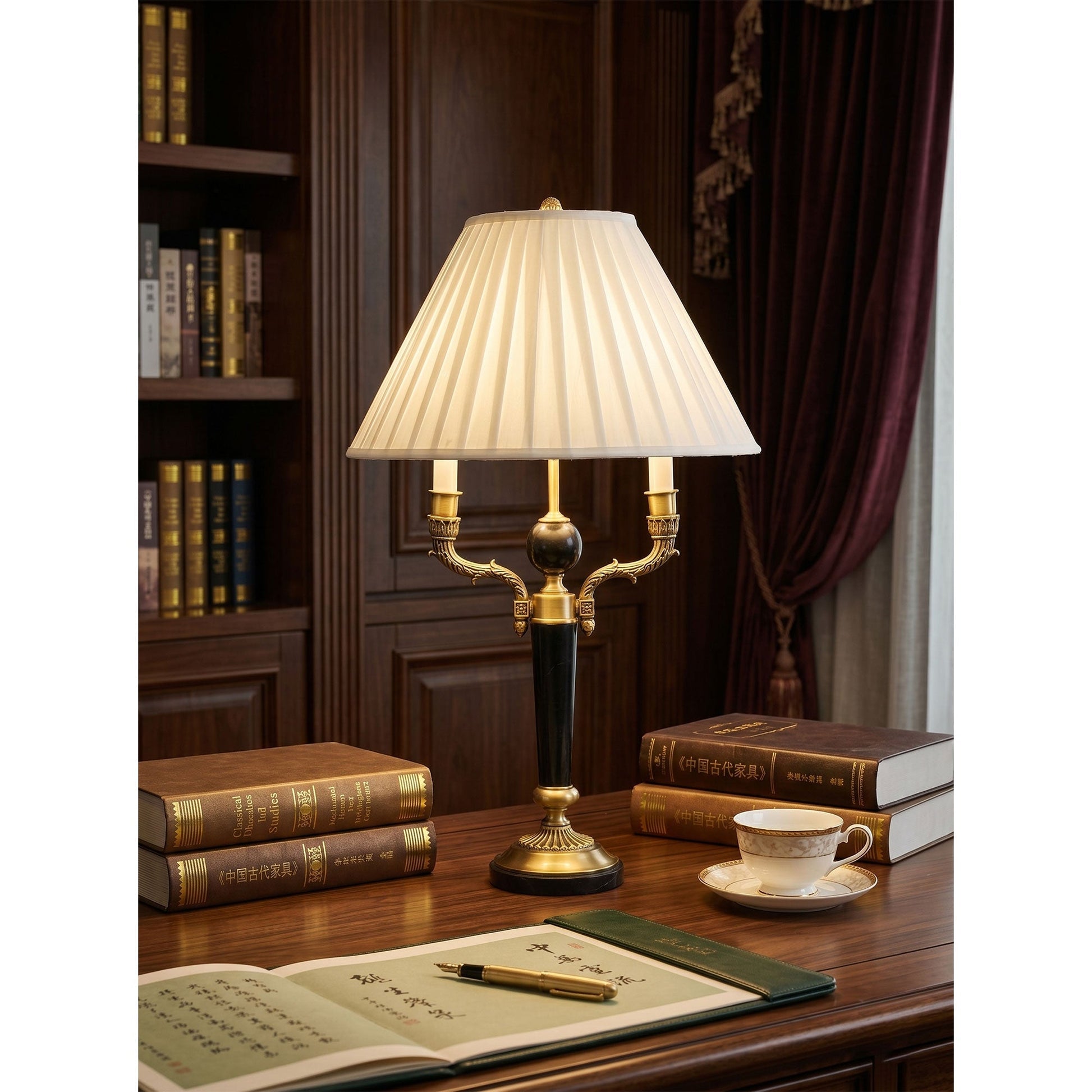 The Ellender Table Lamp illuminated, casting a warm and inviting glow.