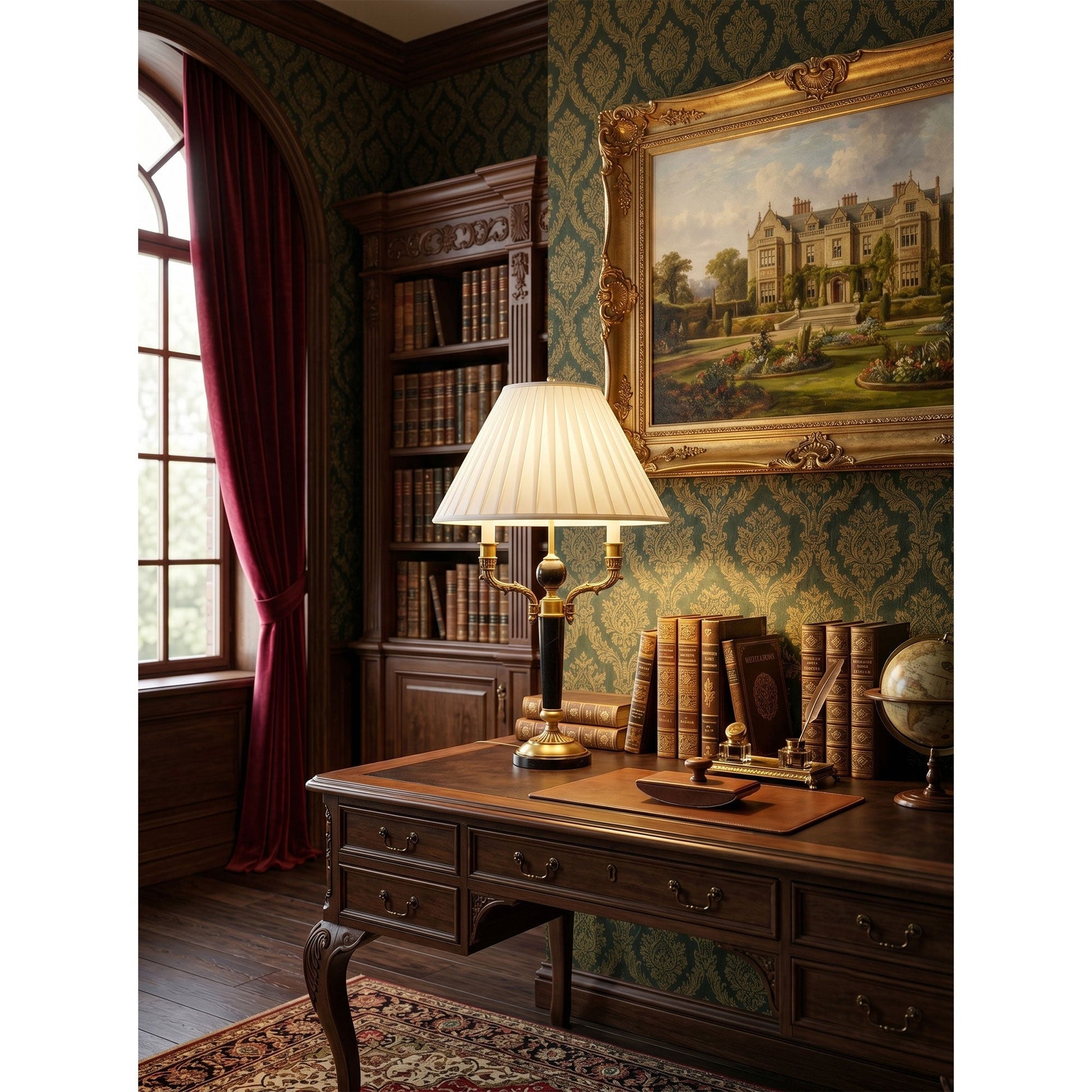 Angled view of the Ellender Table Lamp on a console table against a dark wall.