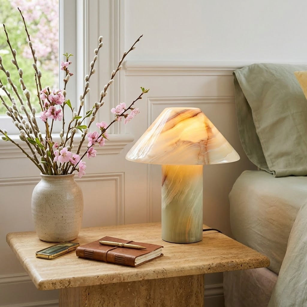 Pillar Stone Table Light in Cyan Onyx, front view.