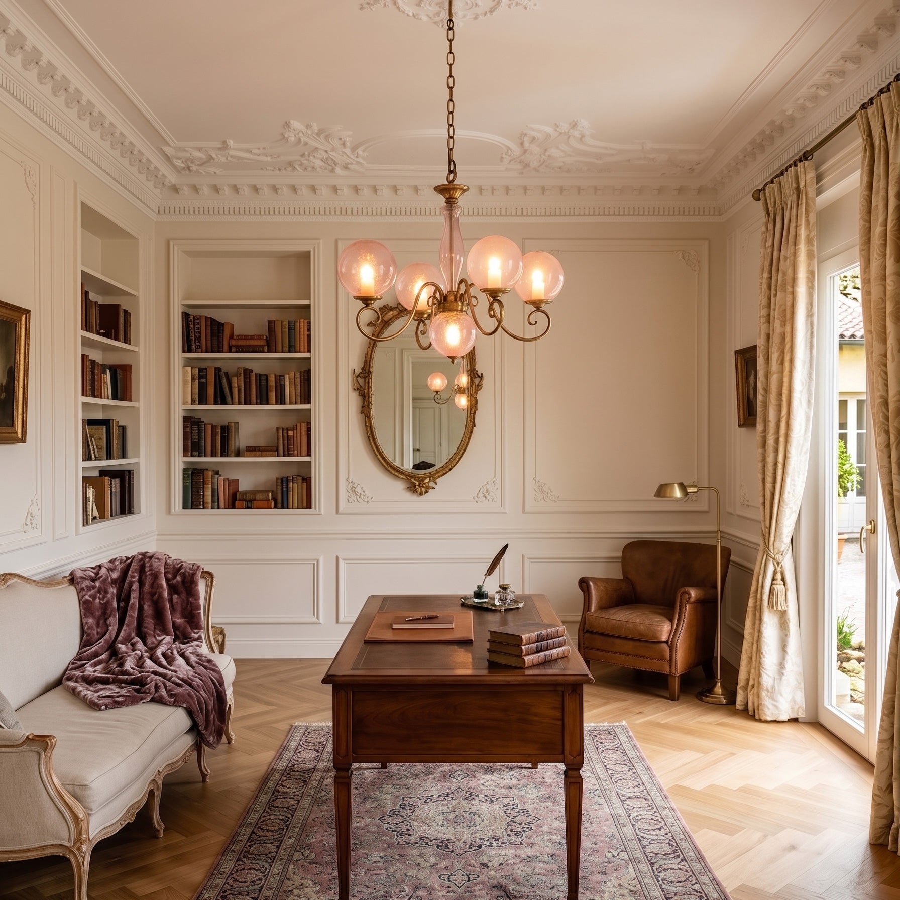 Angled view of the Evelyn Chandelier showcasing its scrolled iron arms.