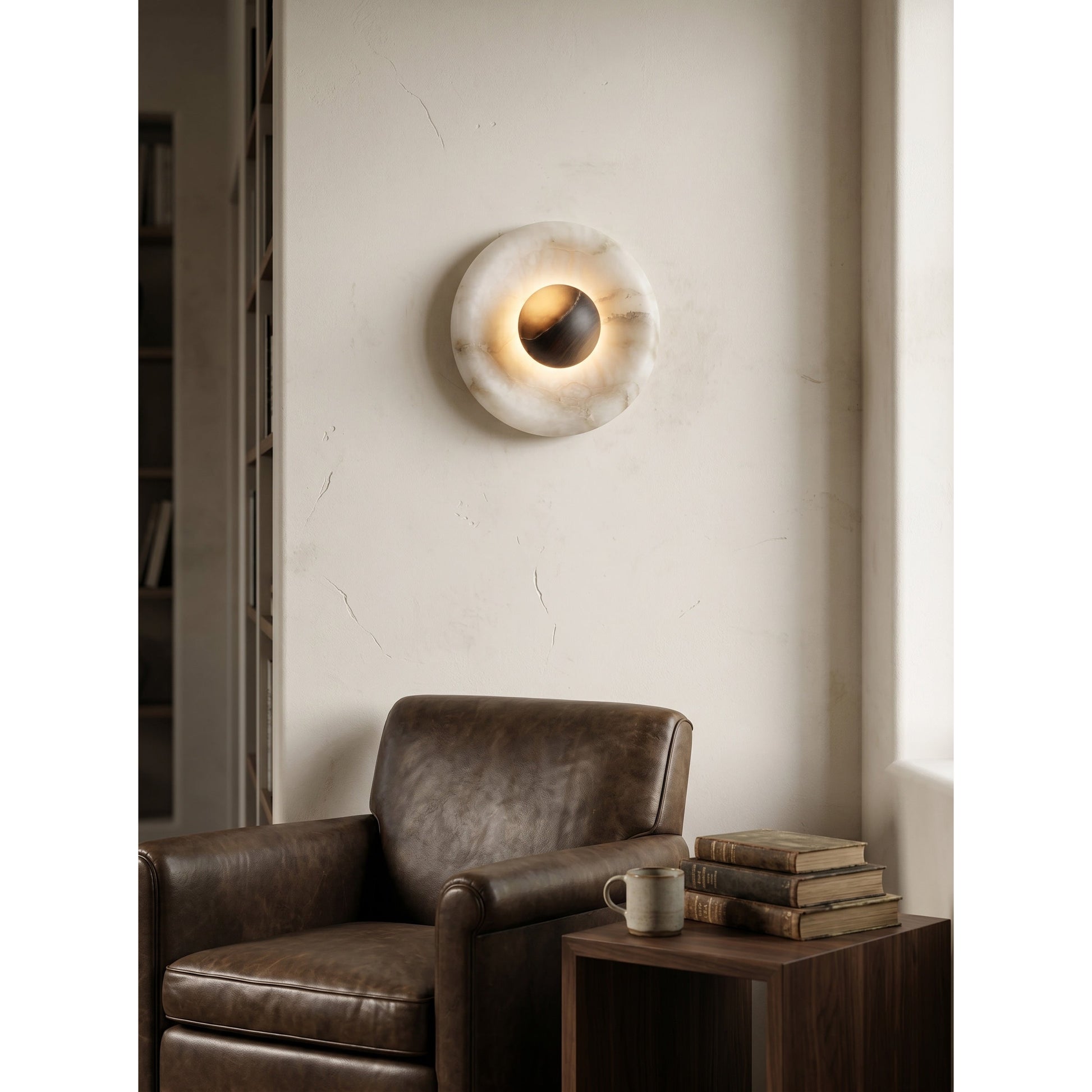 Orli Alabaster Wall Lamp in deep tobacco finish, unlit.