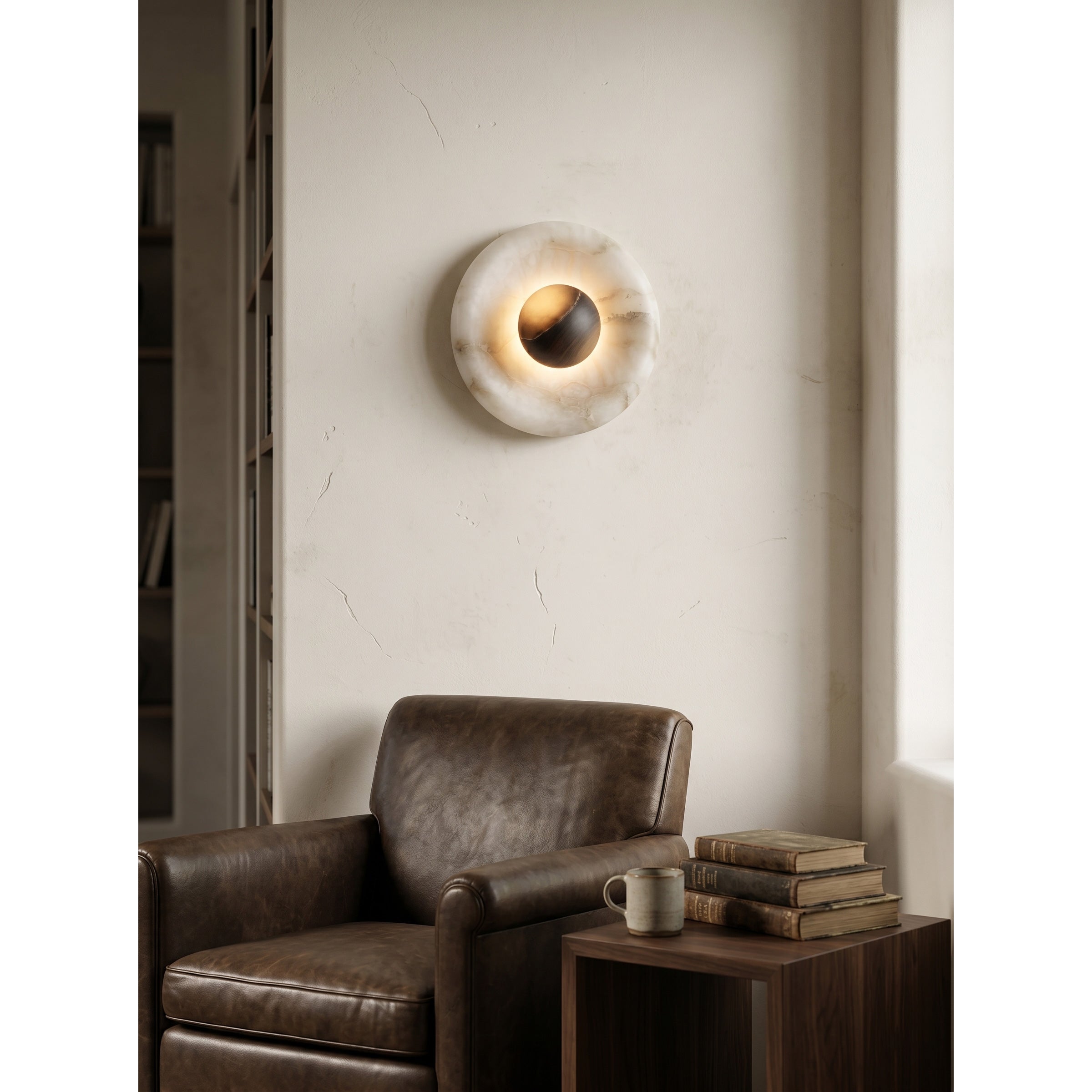 Orli Alabaster Wall Lamp in deep tobacco finish, unlit.