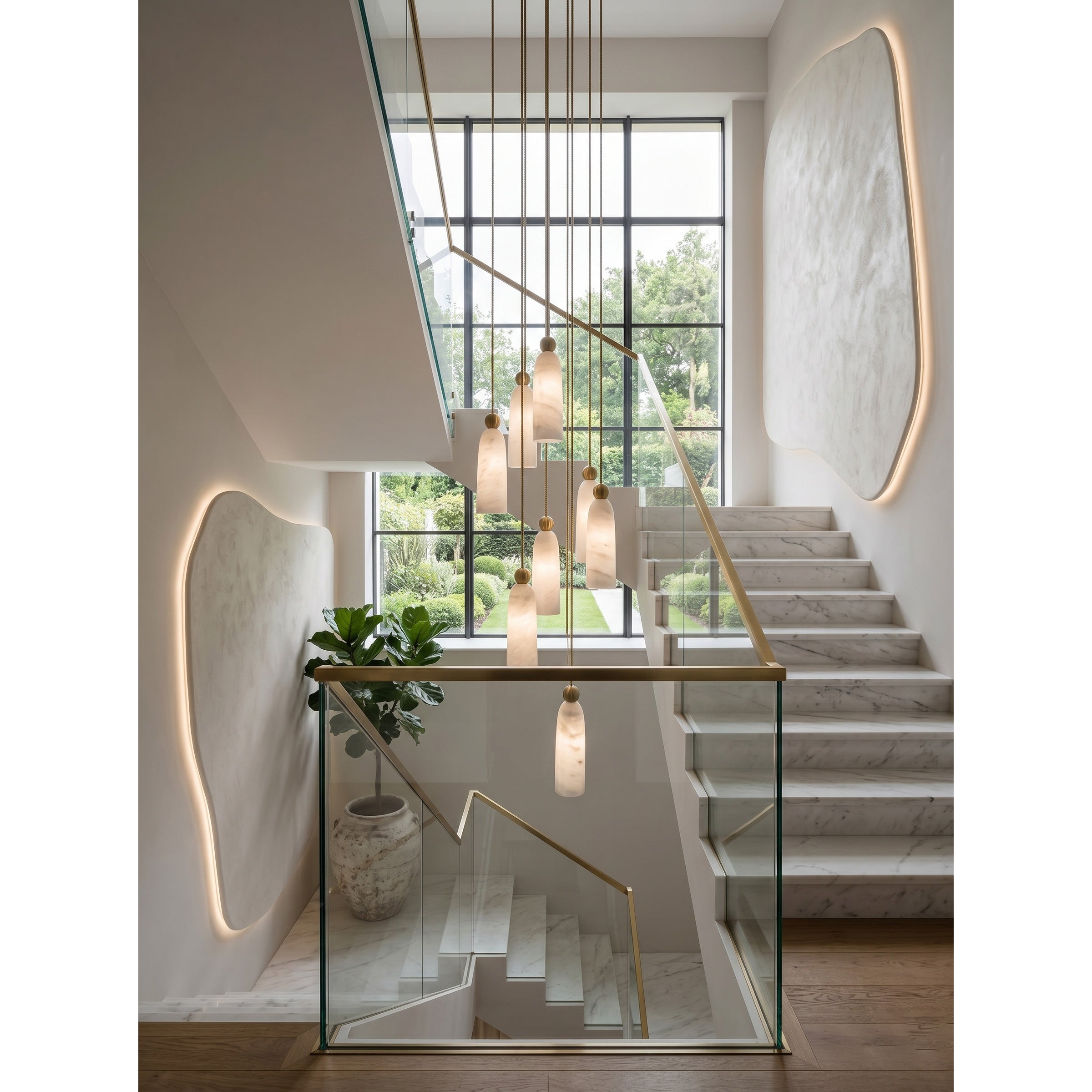 The translucent quality of the alabaster stone when illuminated by a warm bulb.