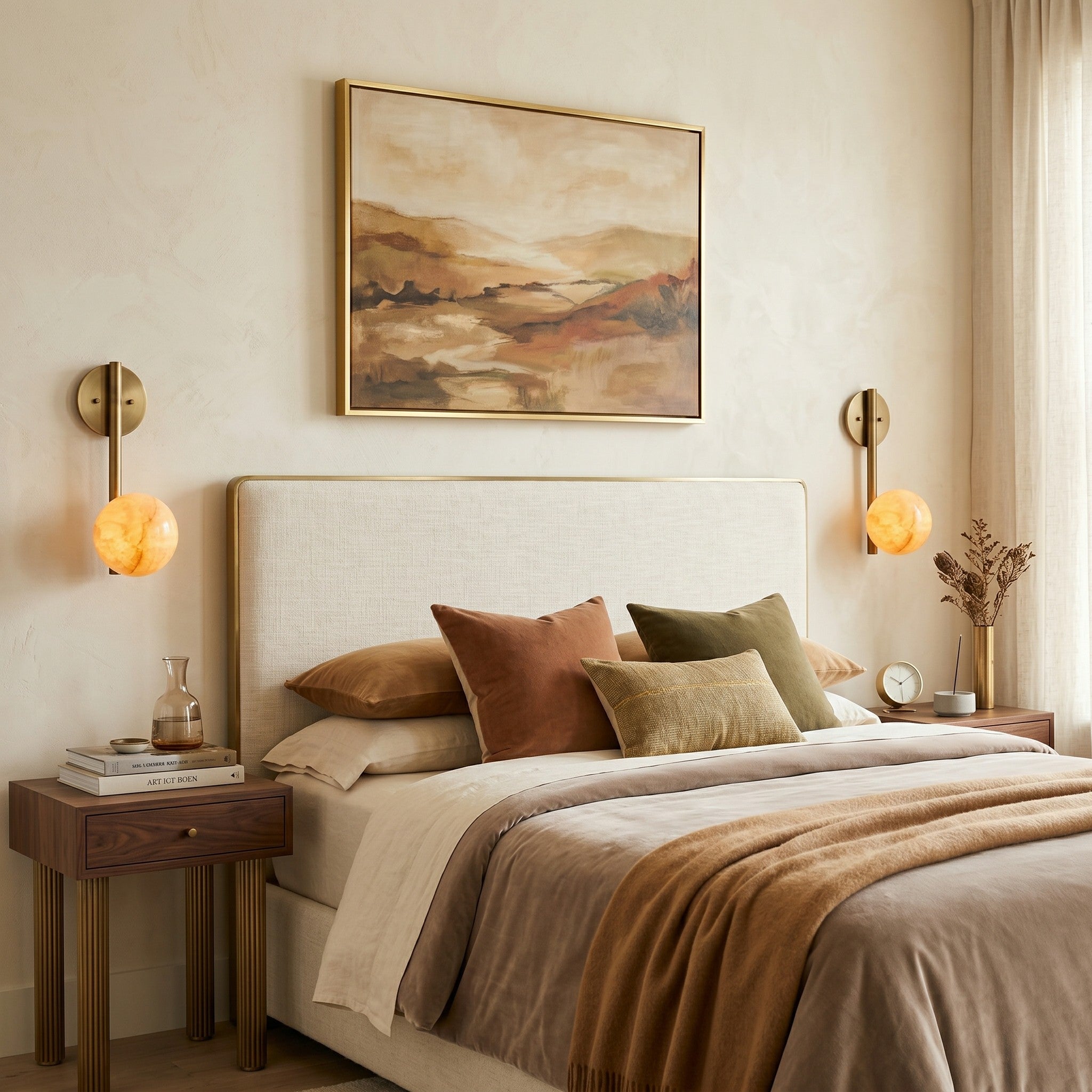 The Adrion Wall Sconce illuminated, casting a warm and soft glow.