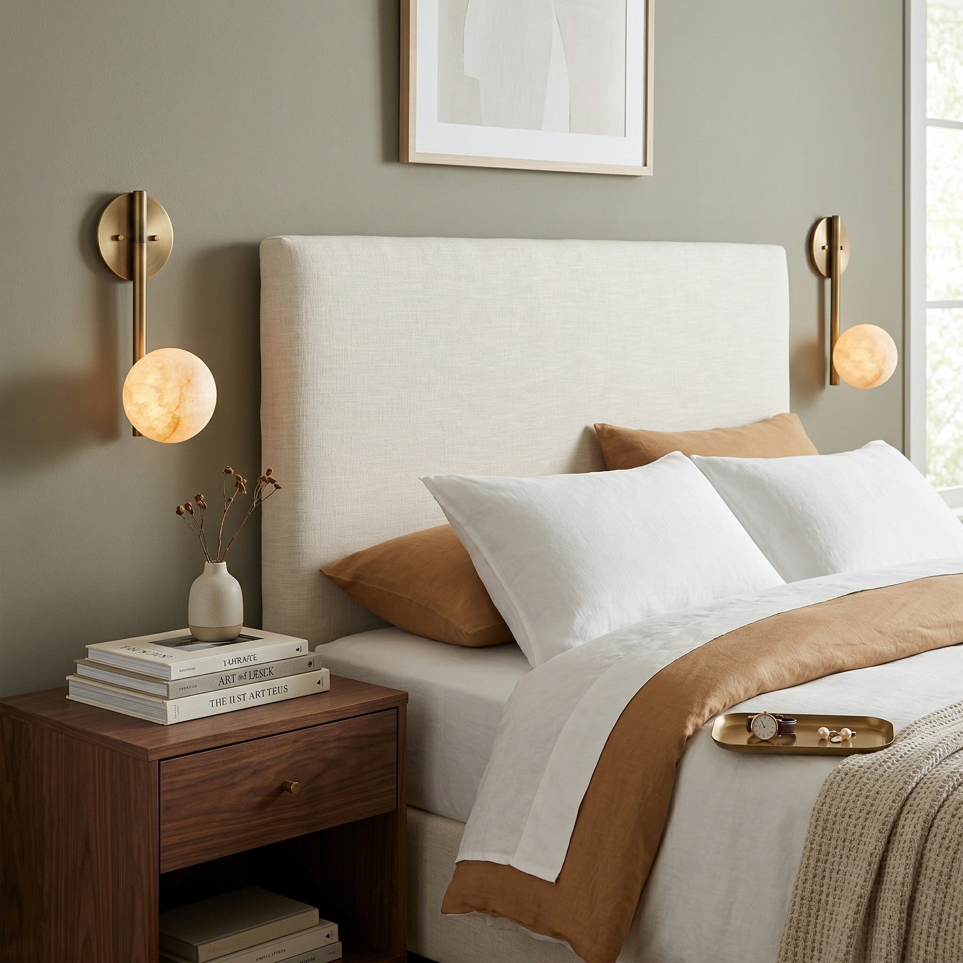 A pair of Adrion sconces installed on either side of a bed.