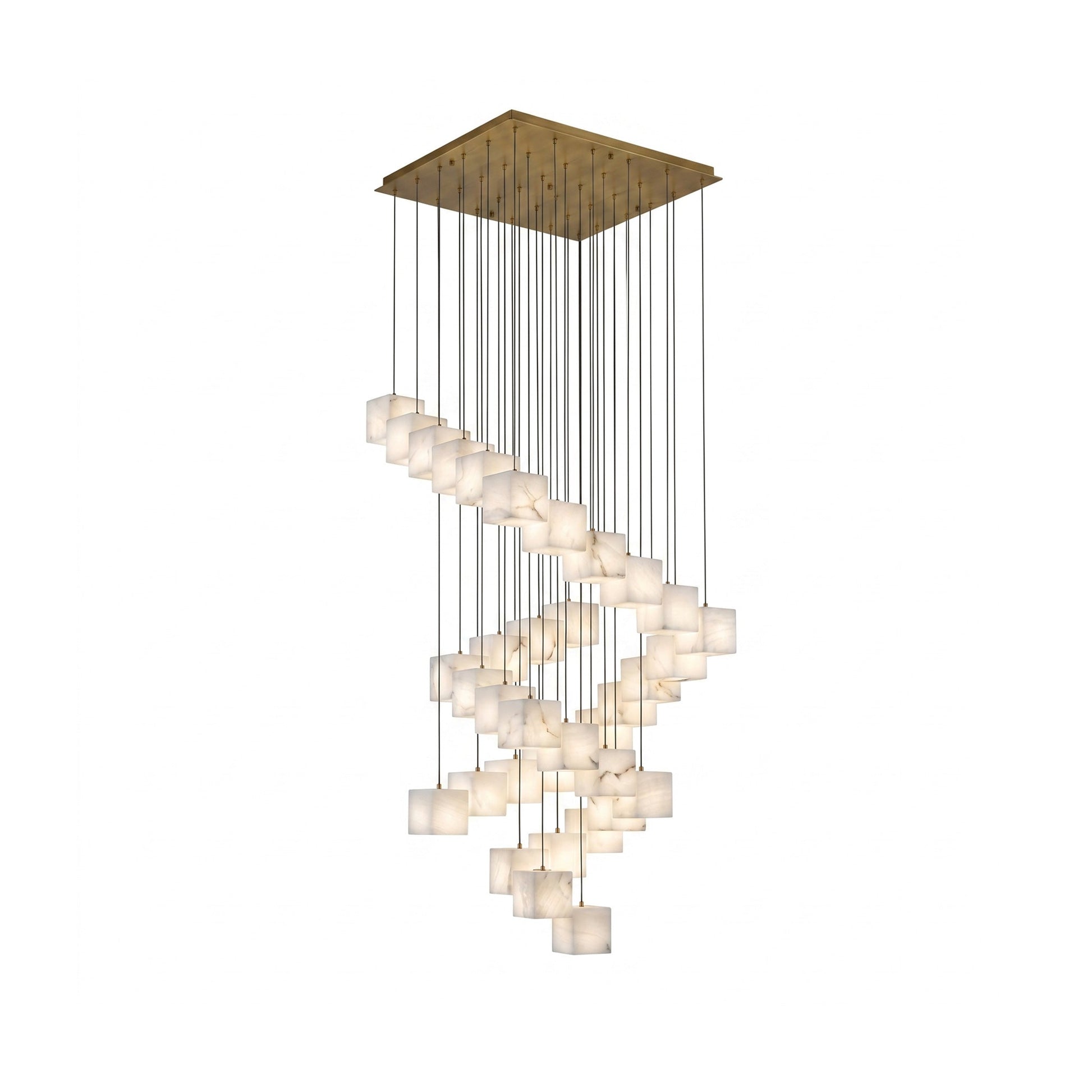 Alabaster Box Chandelier with cascading cubes in a modern setting.