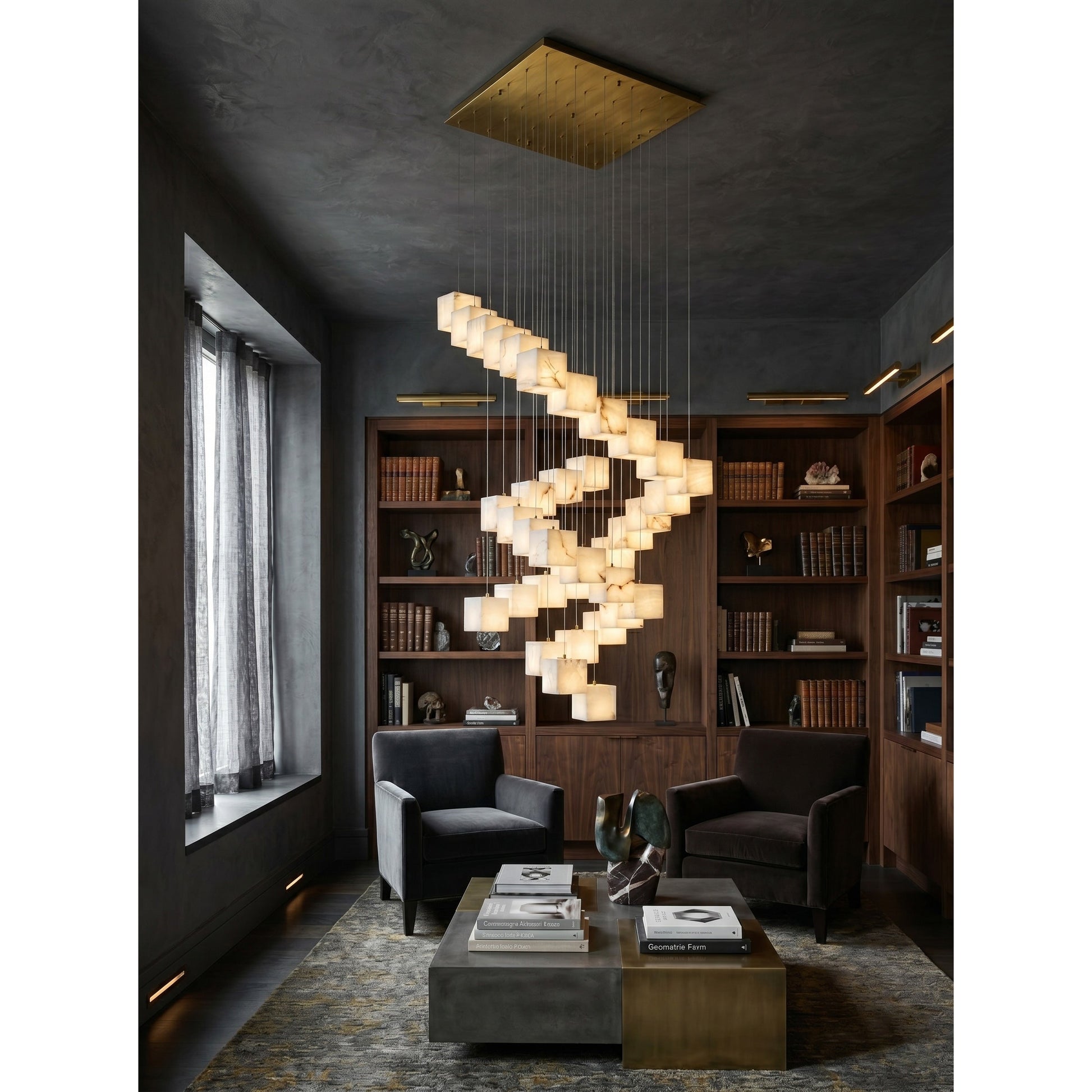 Side profile of the cascading Alabaster Box Chandelier.
