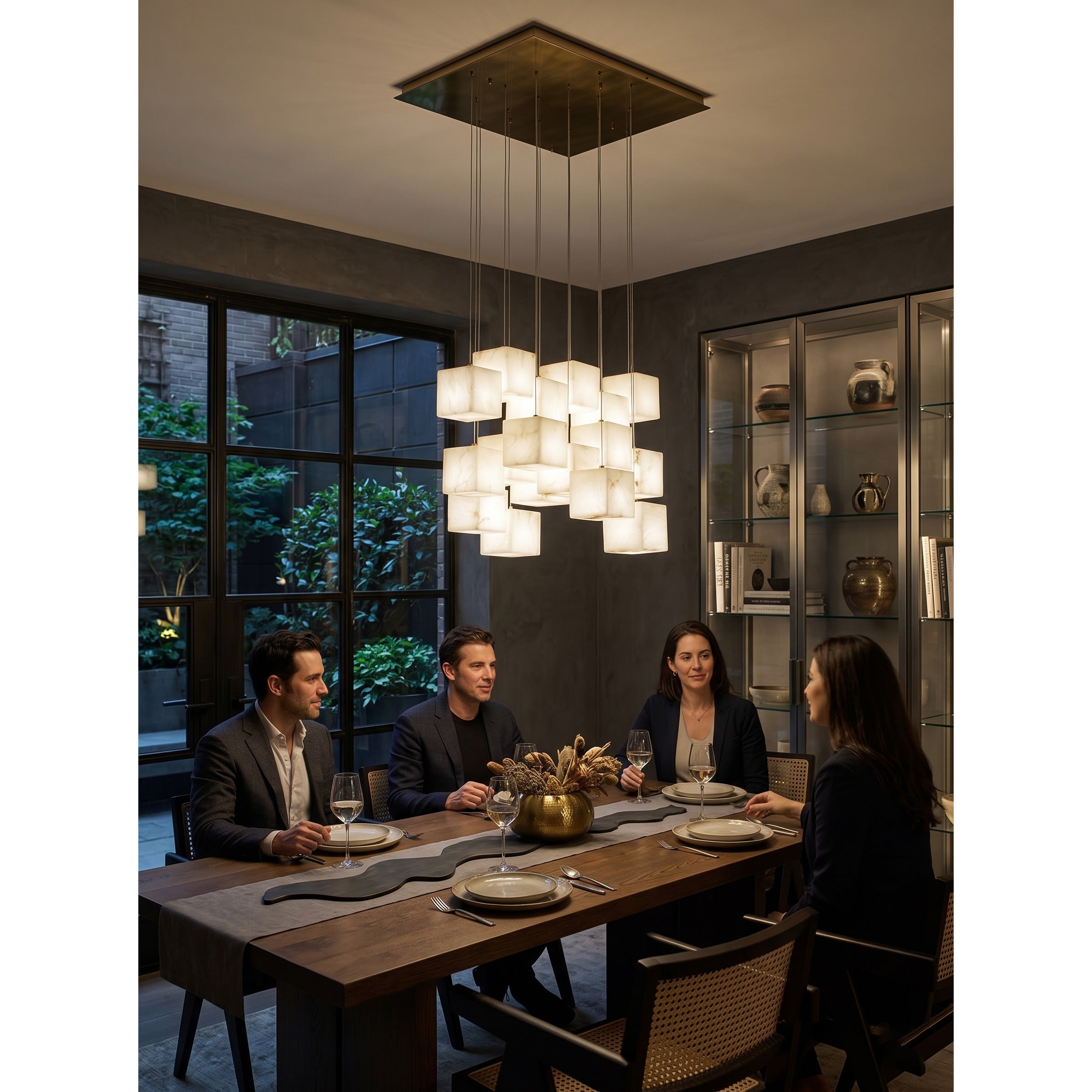 Full view of the 36B-head Alabaster Box Chandelier configuration.