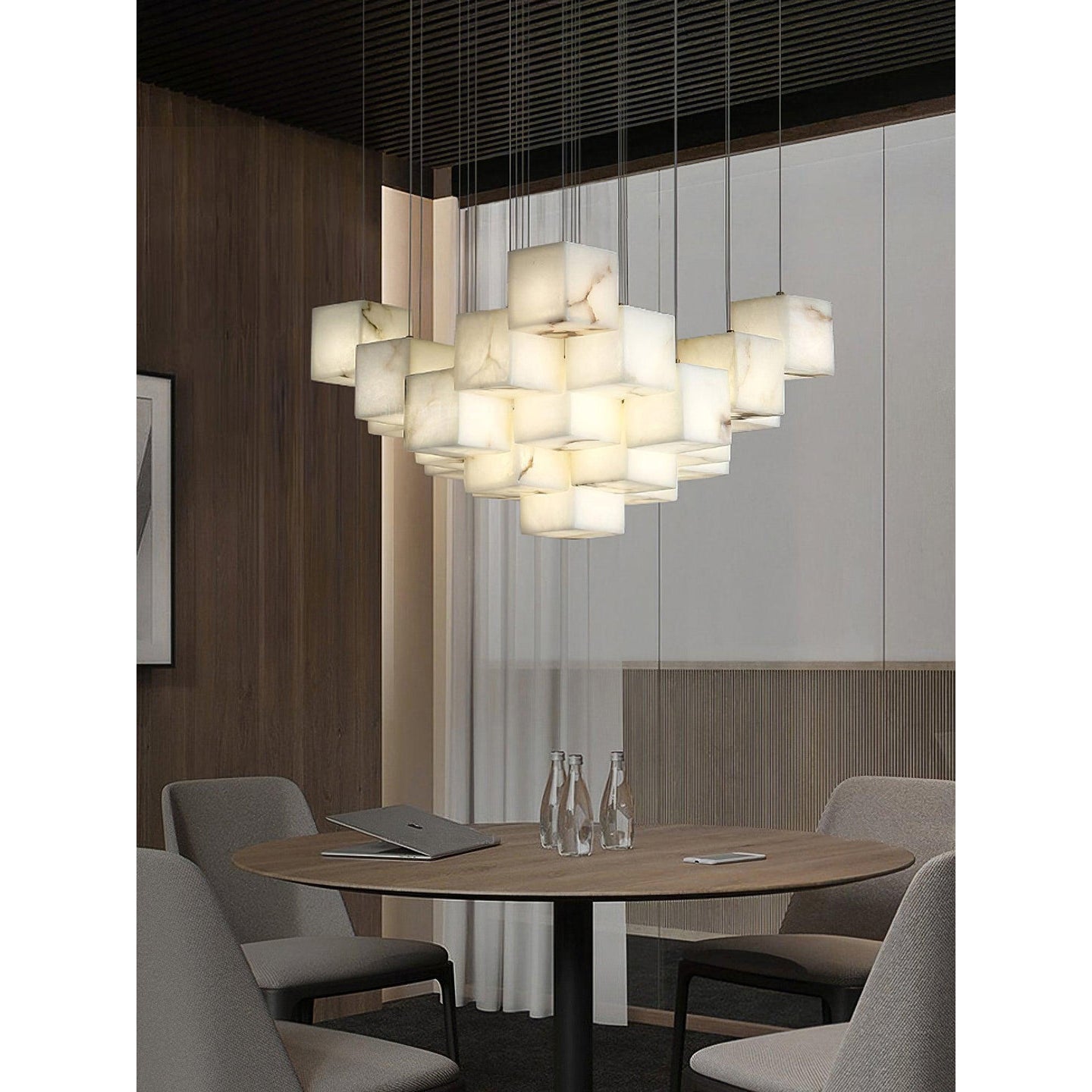 The Alabaster Box Chandelier turned off, displaying its sculptural quality.