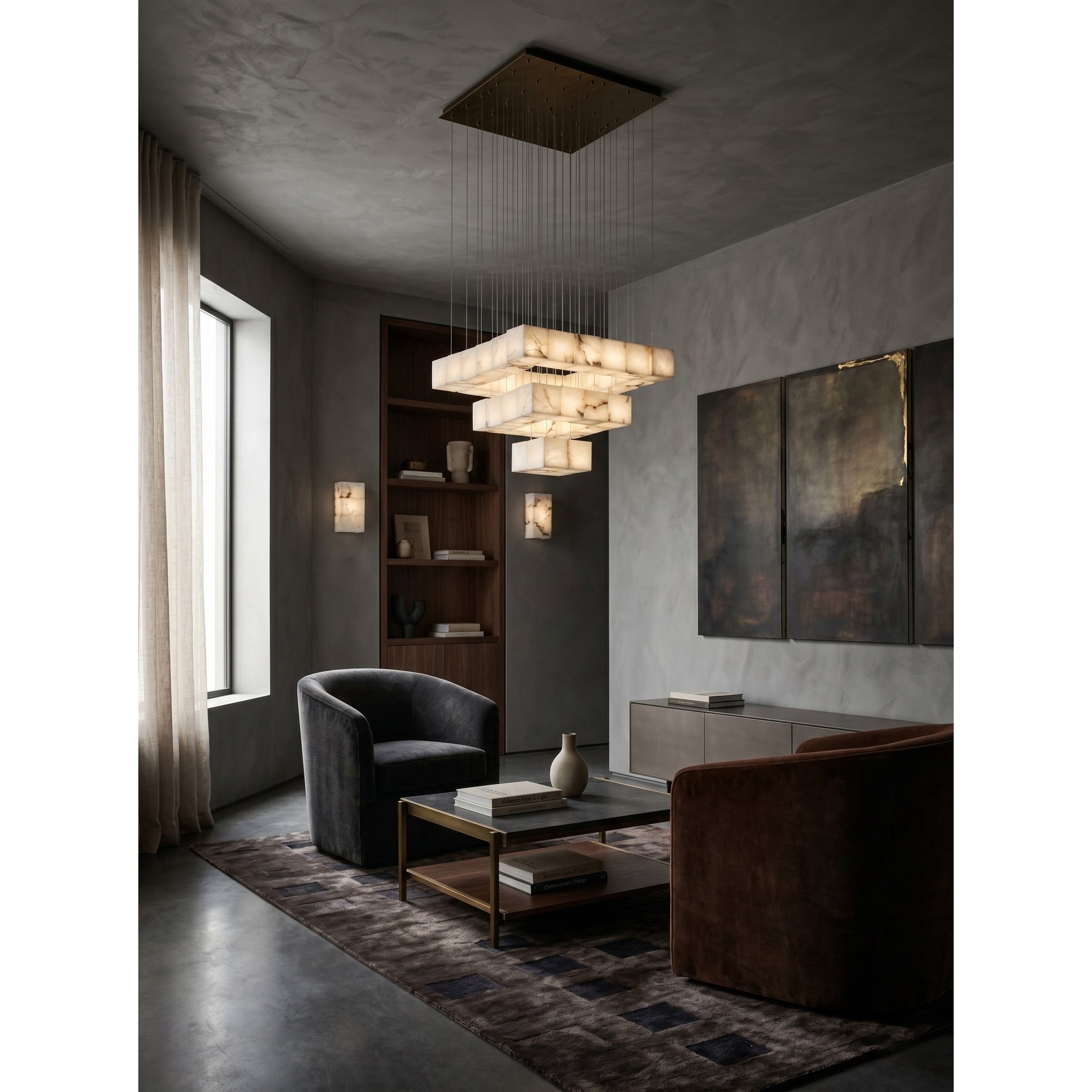 Angled view showcasing the sculptural form of the Alabaster Box Chandelier.
