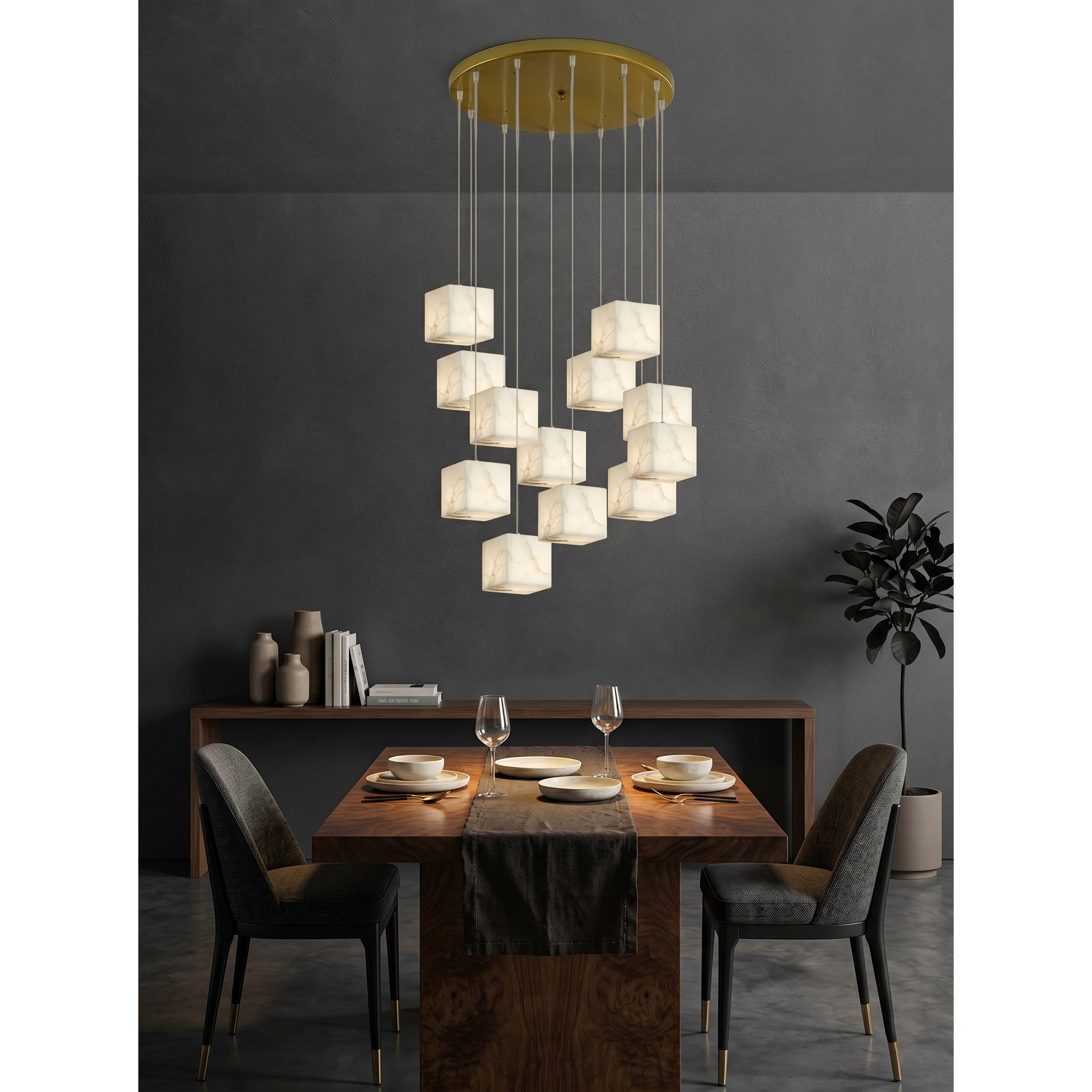 View of the chandelier from below, highlighting the arrangement of alabaster cubes.
