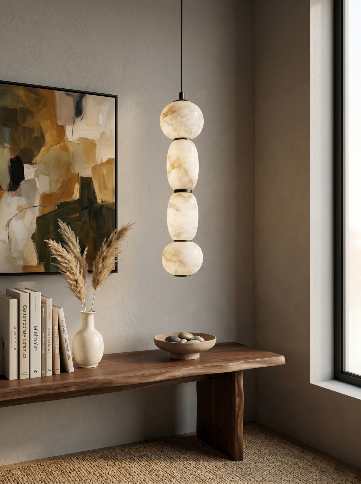 The pendant lamp used as a sculptural bedside light.