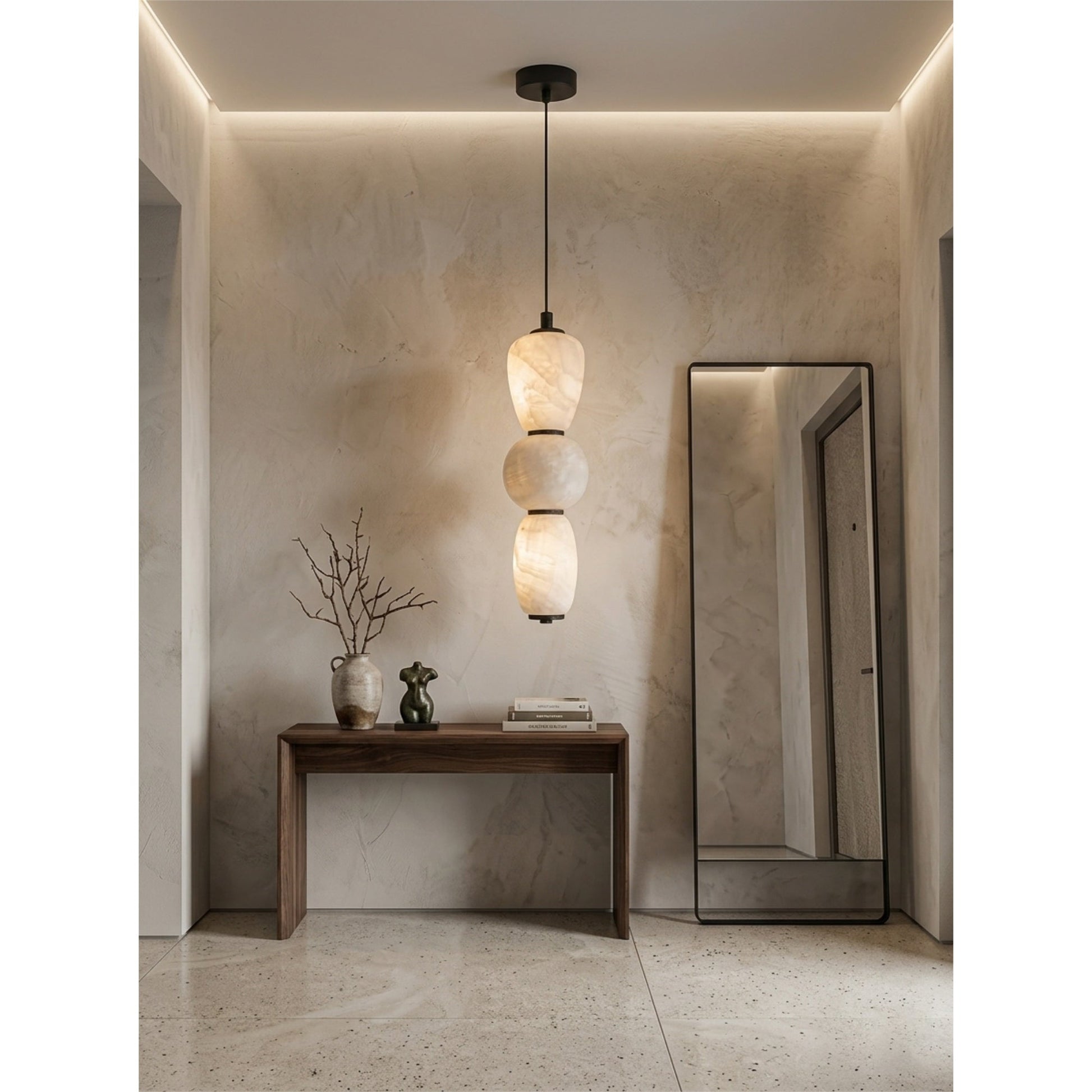 Another angle of the alabaster pendant lamp in a living space.