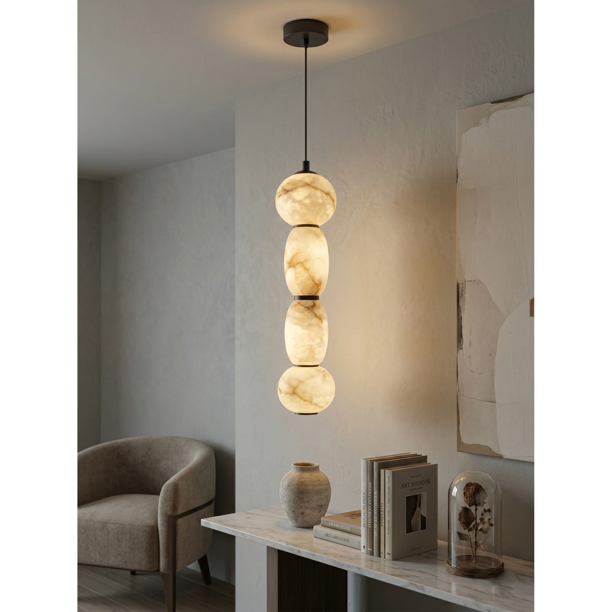 The warm, ethereal inner-glow of the alabaster shade.