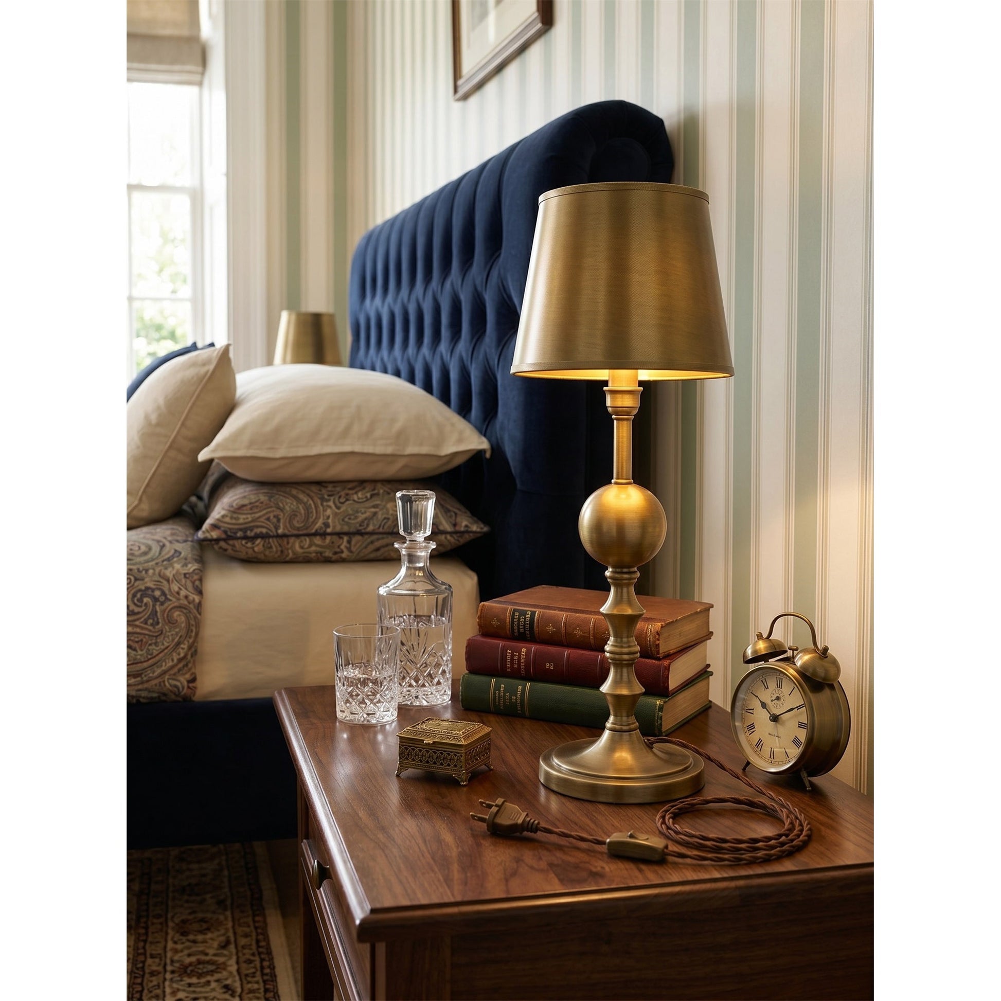 Alden Table Lamp with matching antique brass shades.