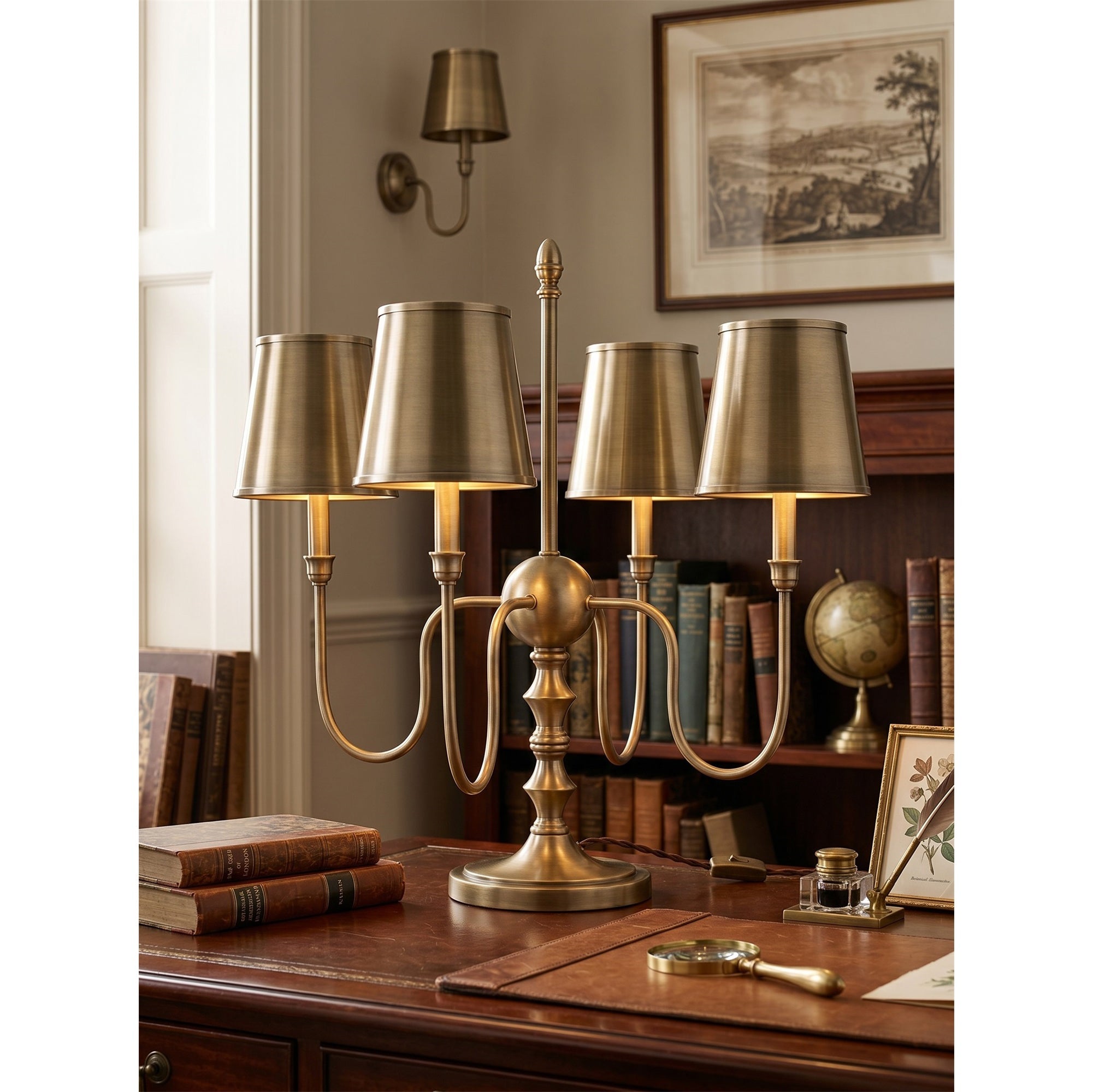 Dimensions diagram for the 4-head Alden Table Lamp.