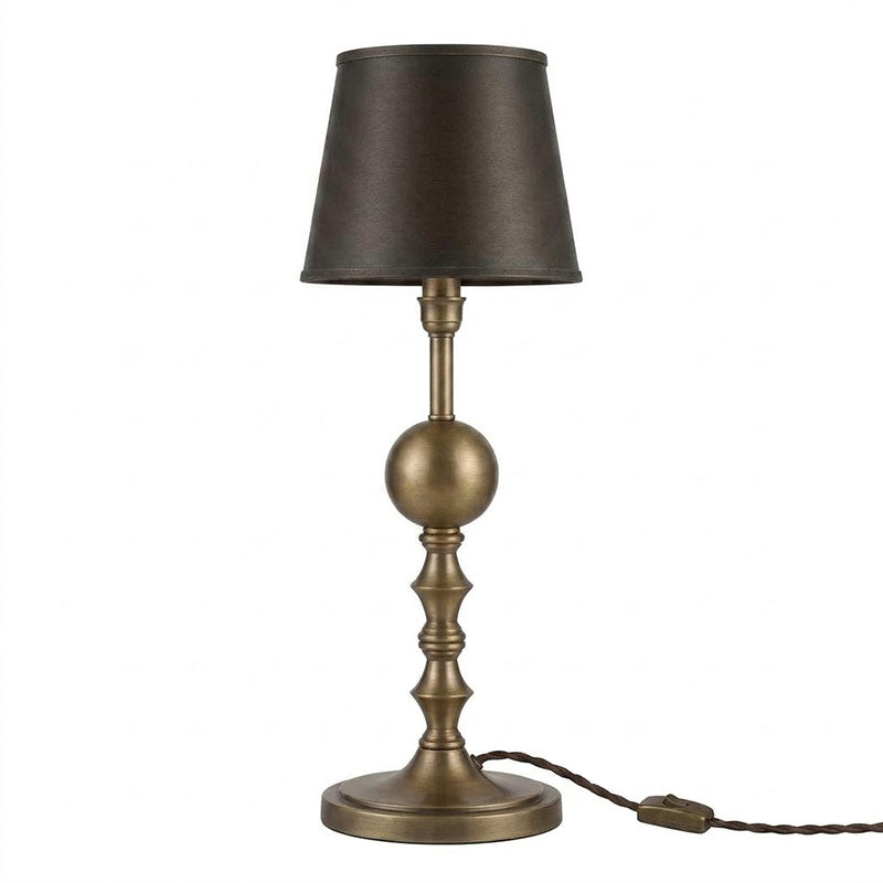 Detail of the antique brass finish texture on the lamp body.
