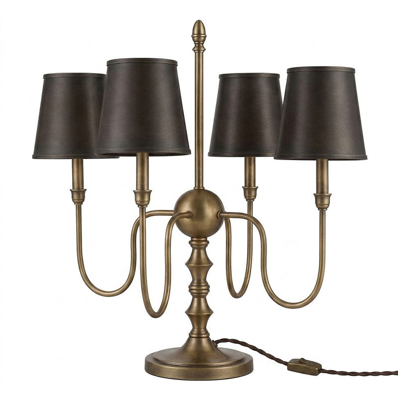 The Alden lamp illuminating a study with books in the background.