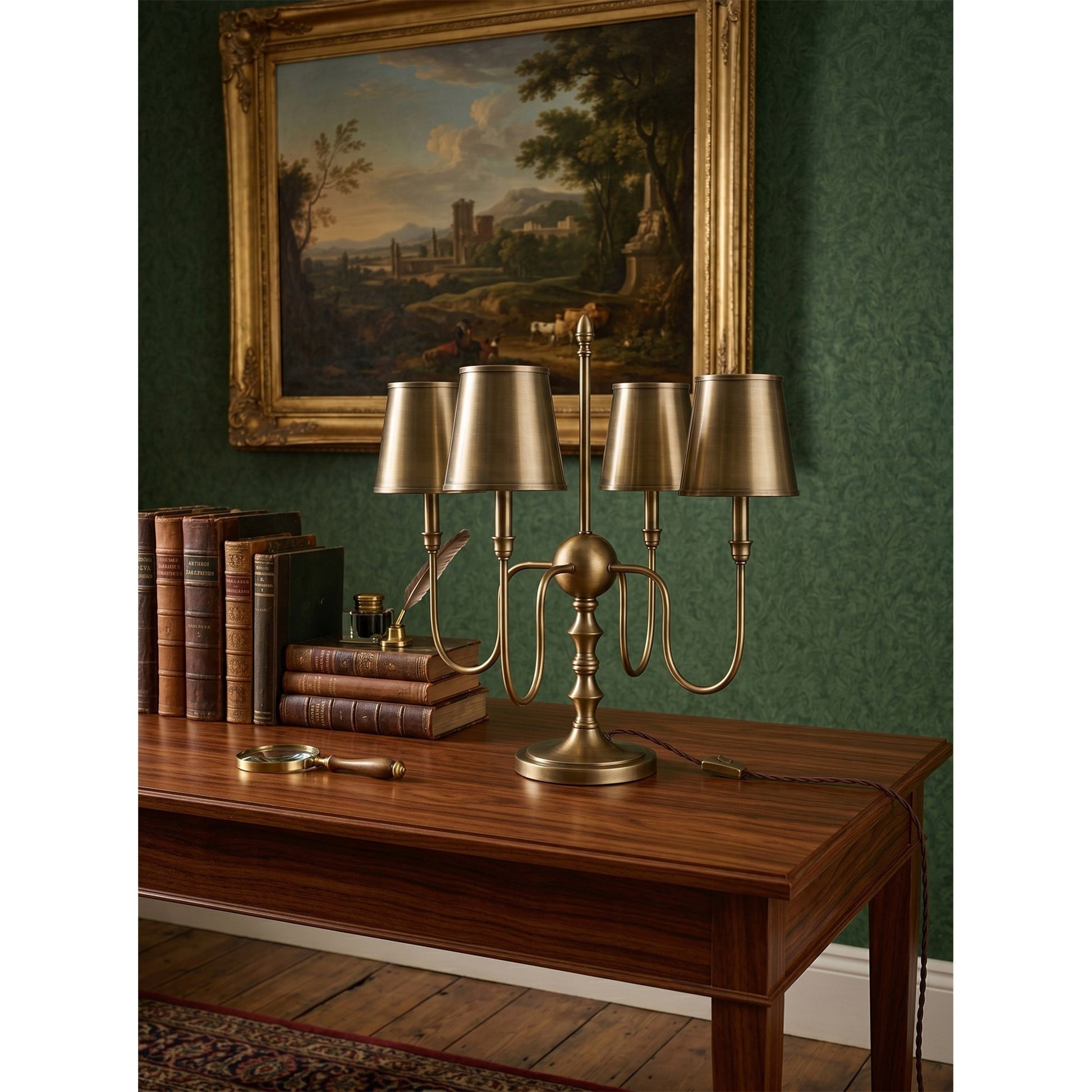 Alden Table Lamp shown in a dark academia style living room.