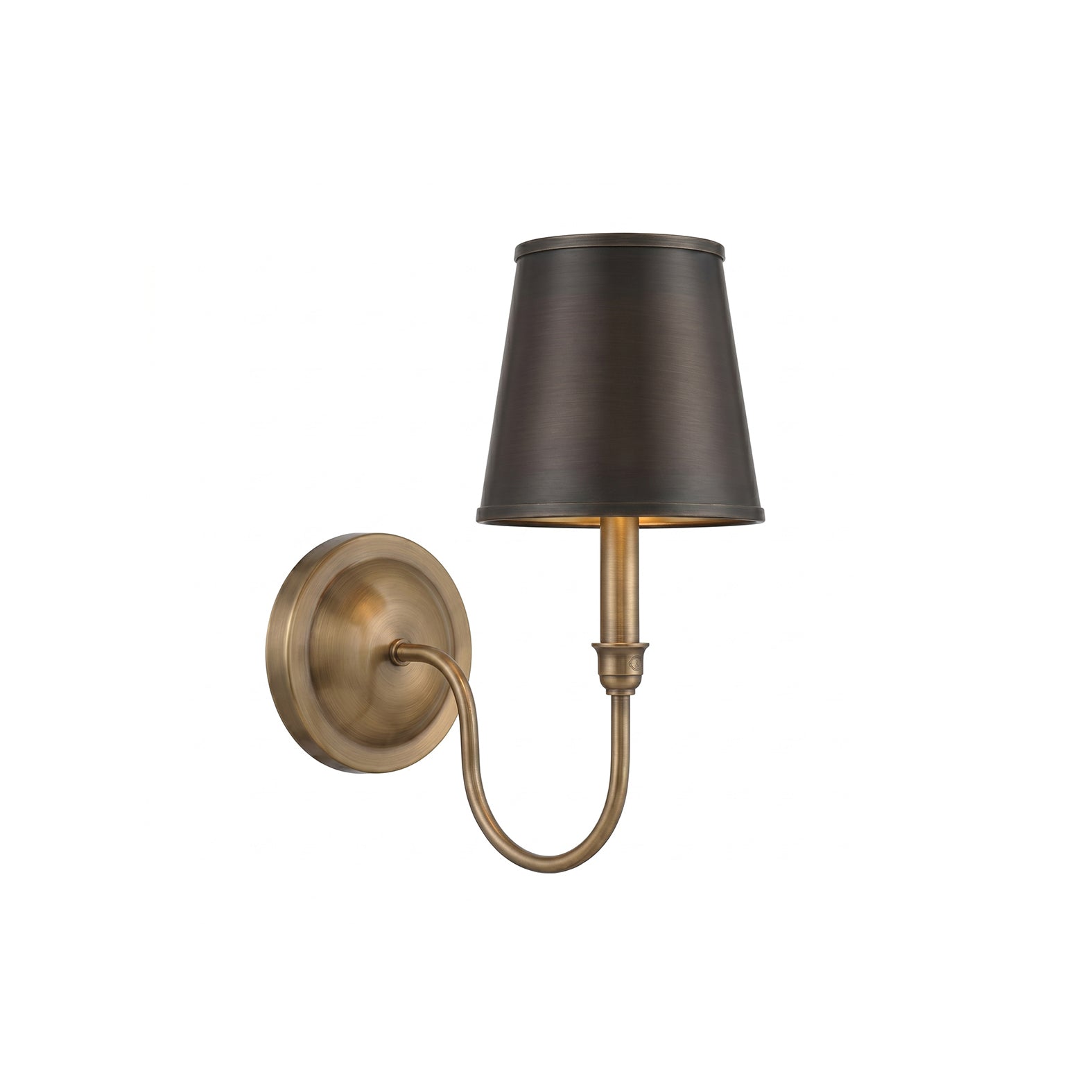 Alden Wall Sconce in antique brass with a black bronze shade.