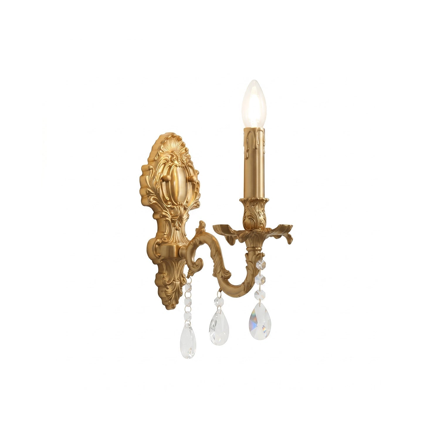 Aldepo Wall Sconce in a baroque style, featuring a brass finish and crystal pendants.