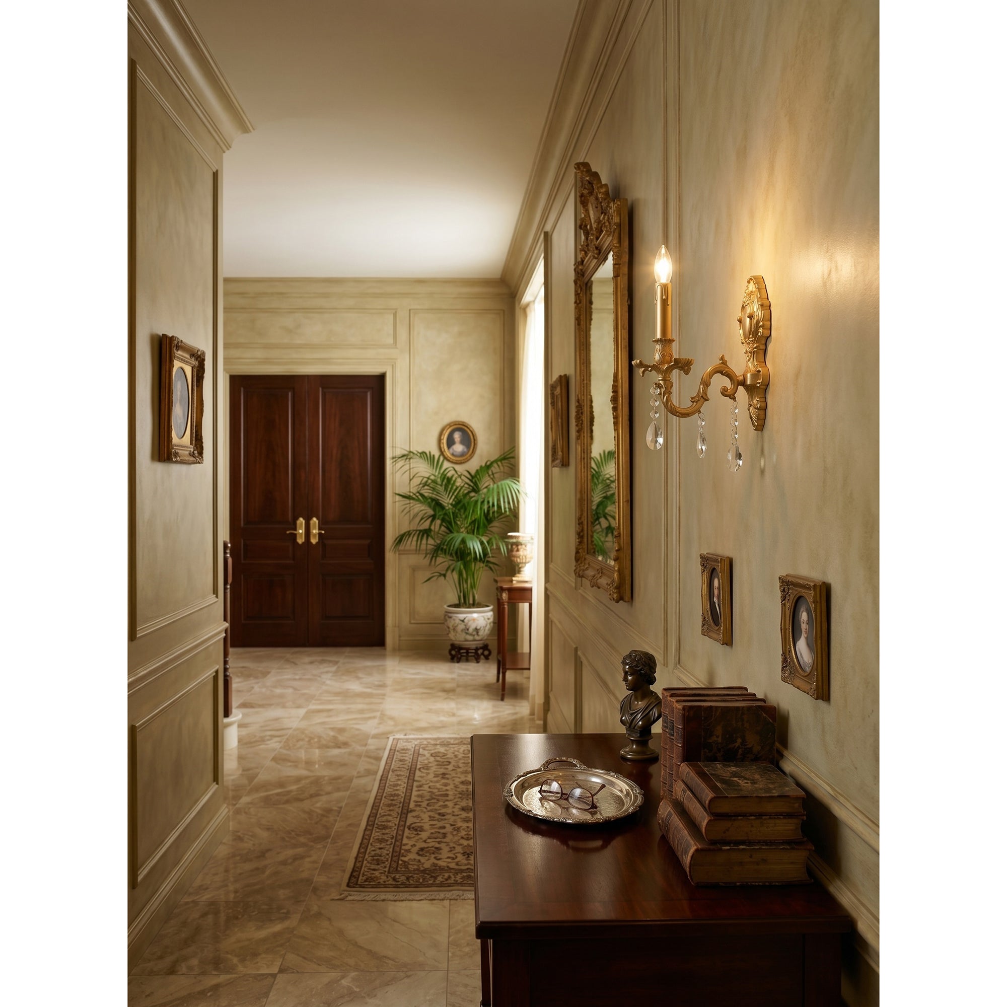 A pair of Aldepo Wall Sconces flanking a mirror in a dining room.