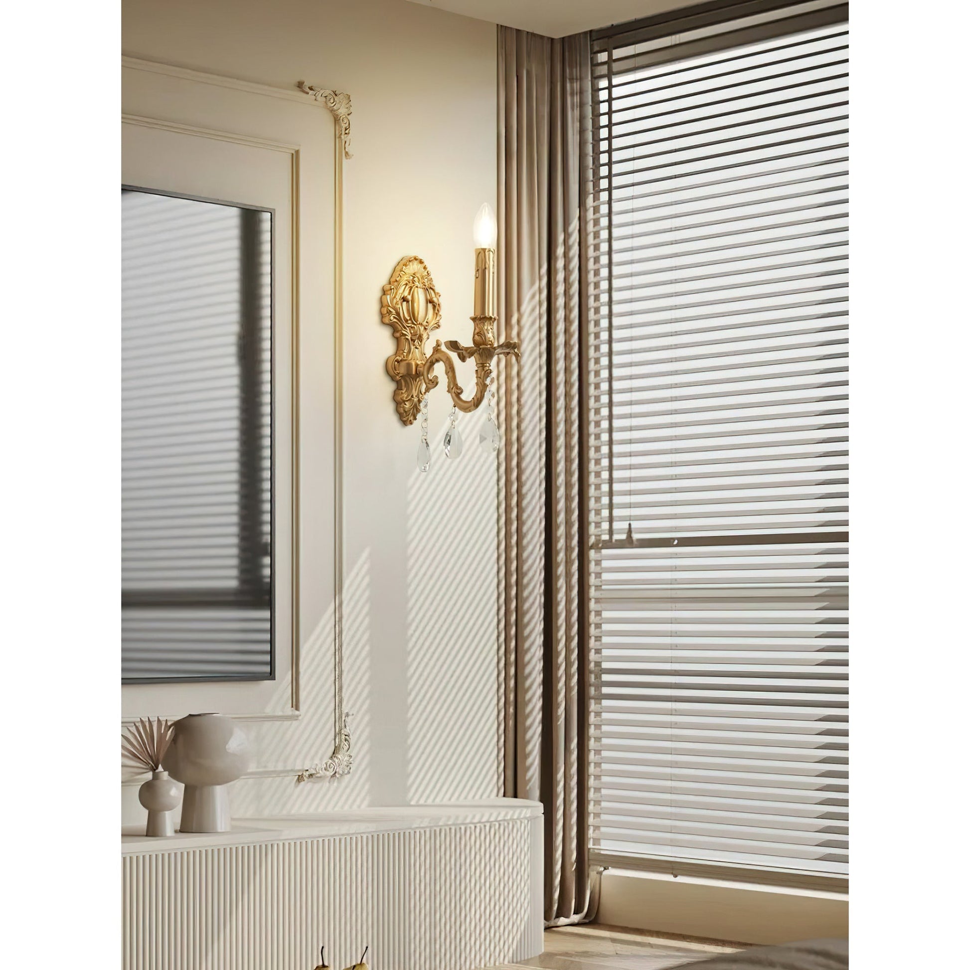 Angled view of the Aldepo Wall Sconce, highlighting its depth and crystal details.