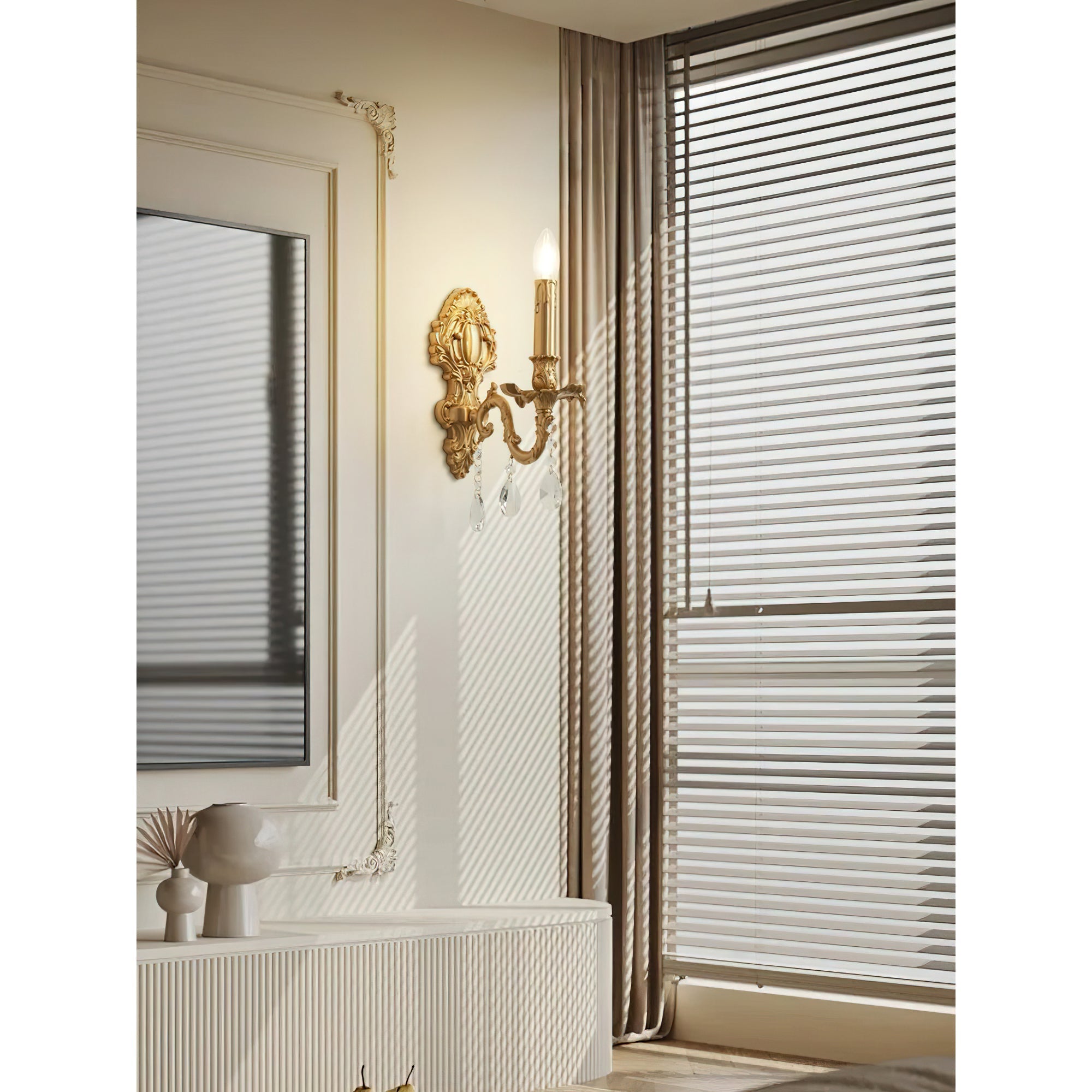 Angled view of the Aldepo Wall Sconce, highlighting its depth and crystal details.