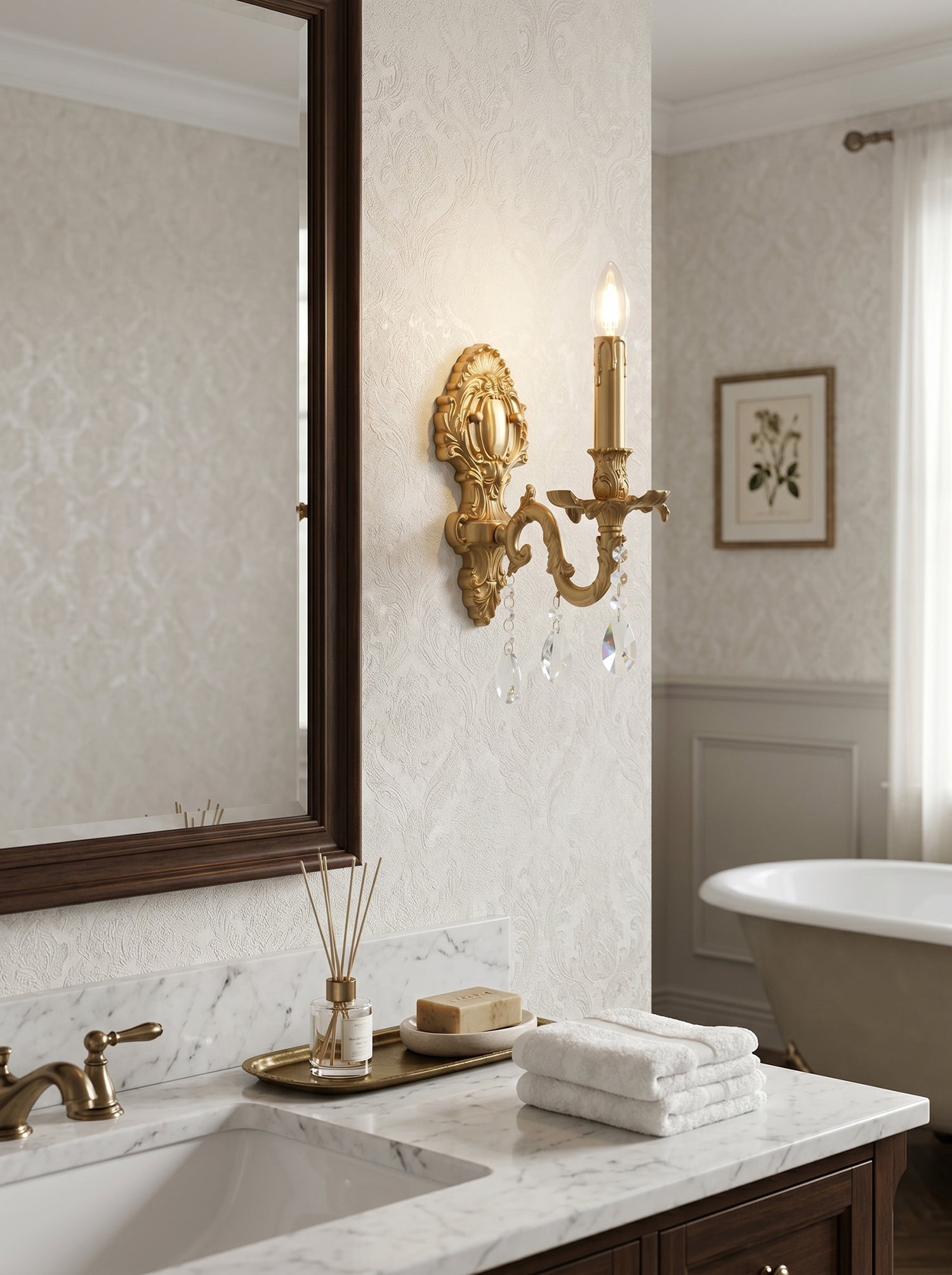 Close-up of the Aldepo Wall Sconce's teardrop crystal pendants.