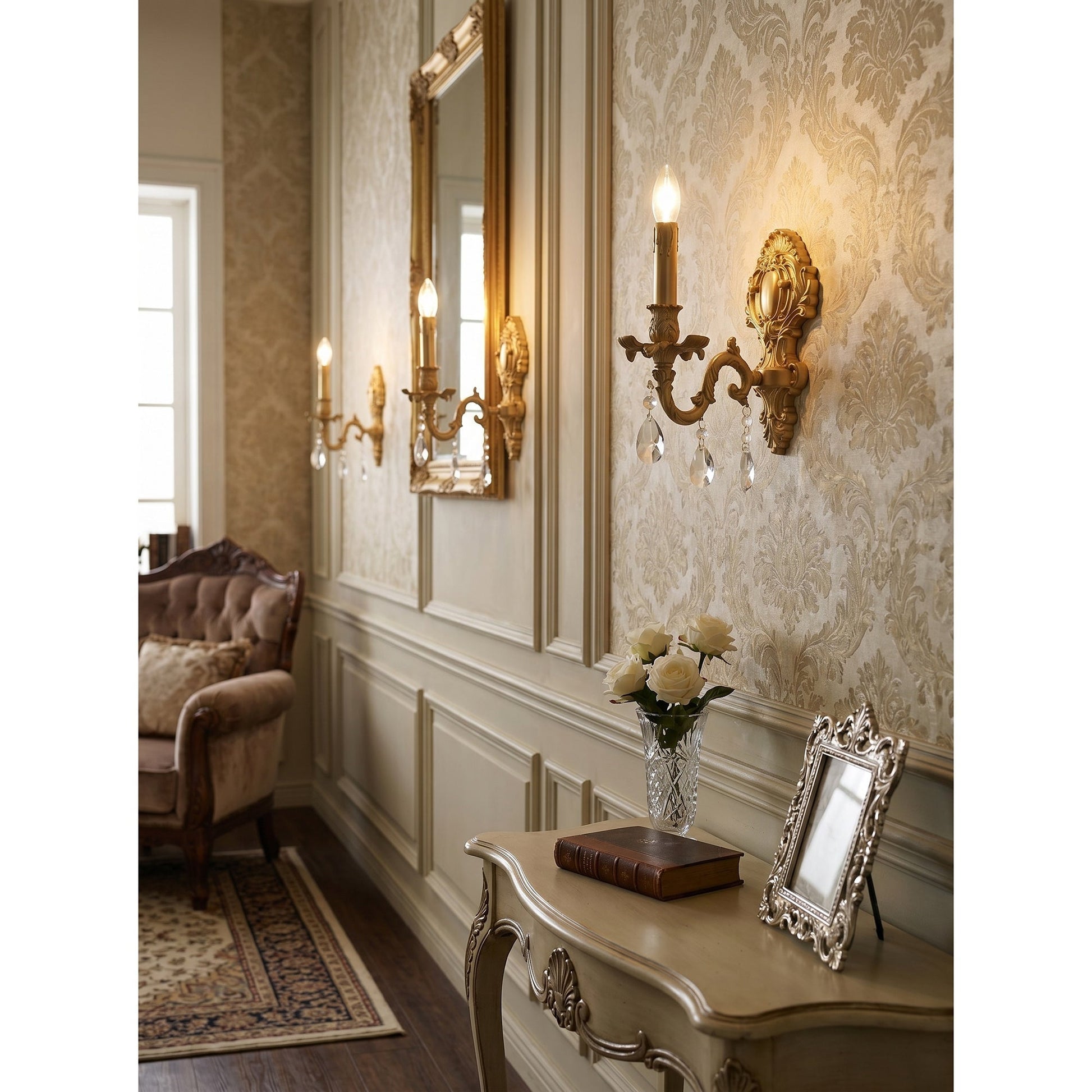 The Aldepo Wall Sconce shown illuminated, casting a warm glow.