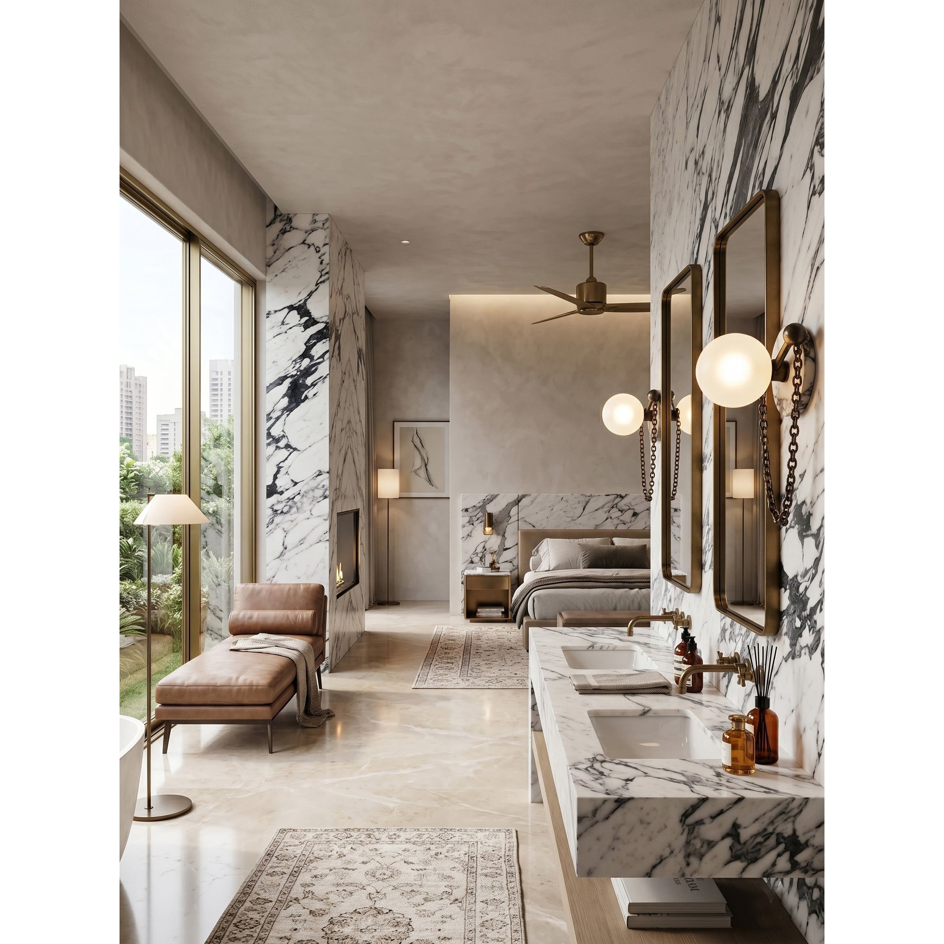 Comparison of the white marble, black marble, and beige travertine finishes.