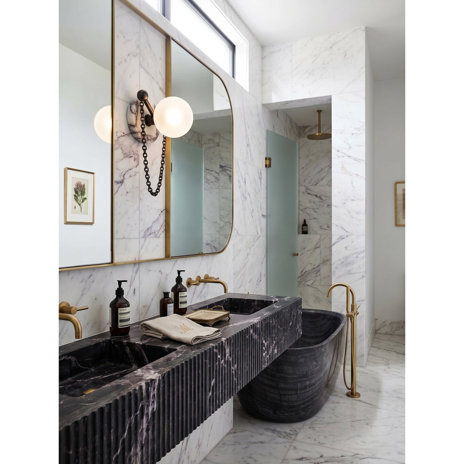 Angled view of the Alla Wall Sconce in black marble.