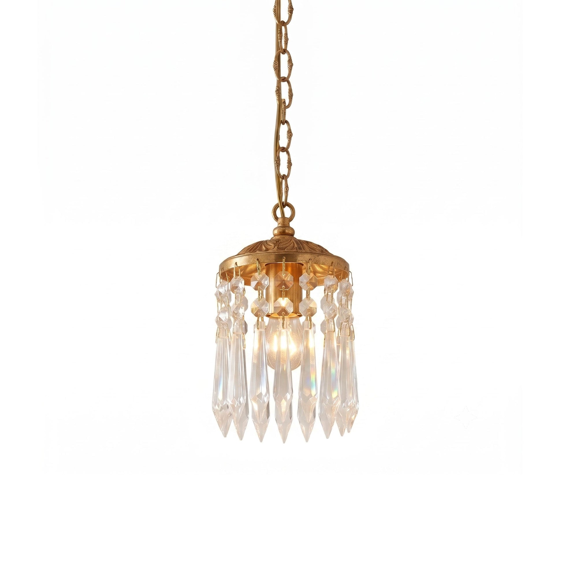 Mini crystal pendant lamp with an antique burnished brass finish.