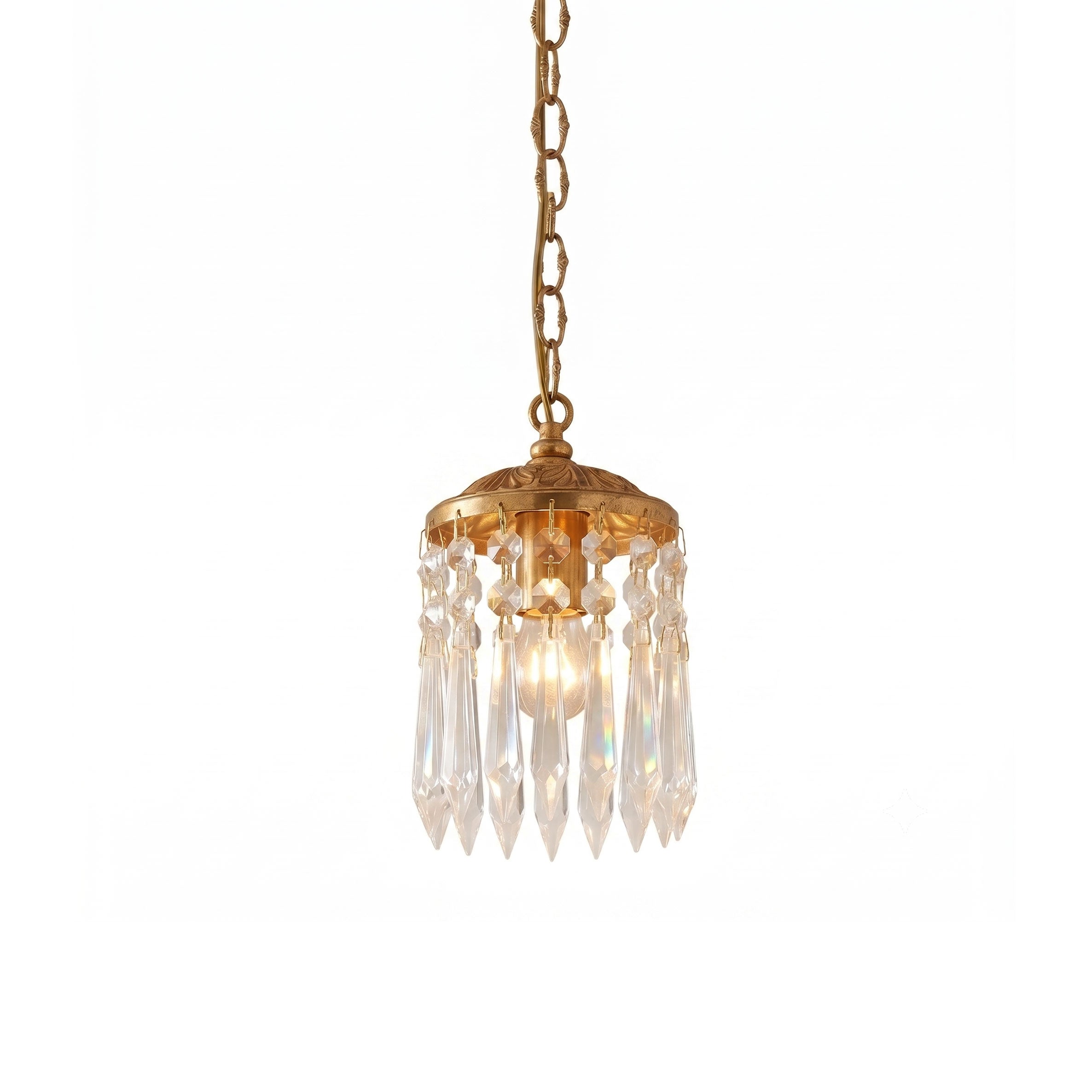 Mini crystal pendant lamp with an antique burnished brass finish.
