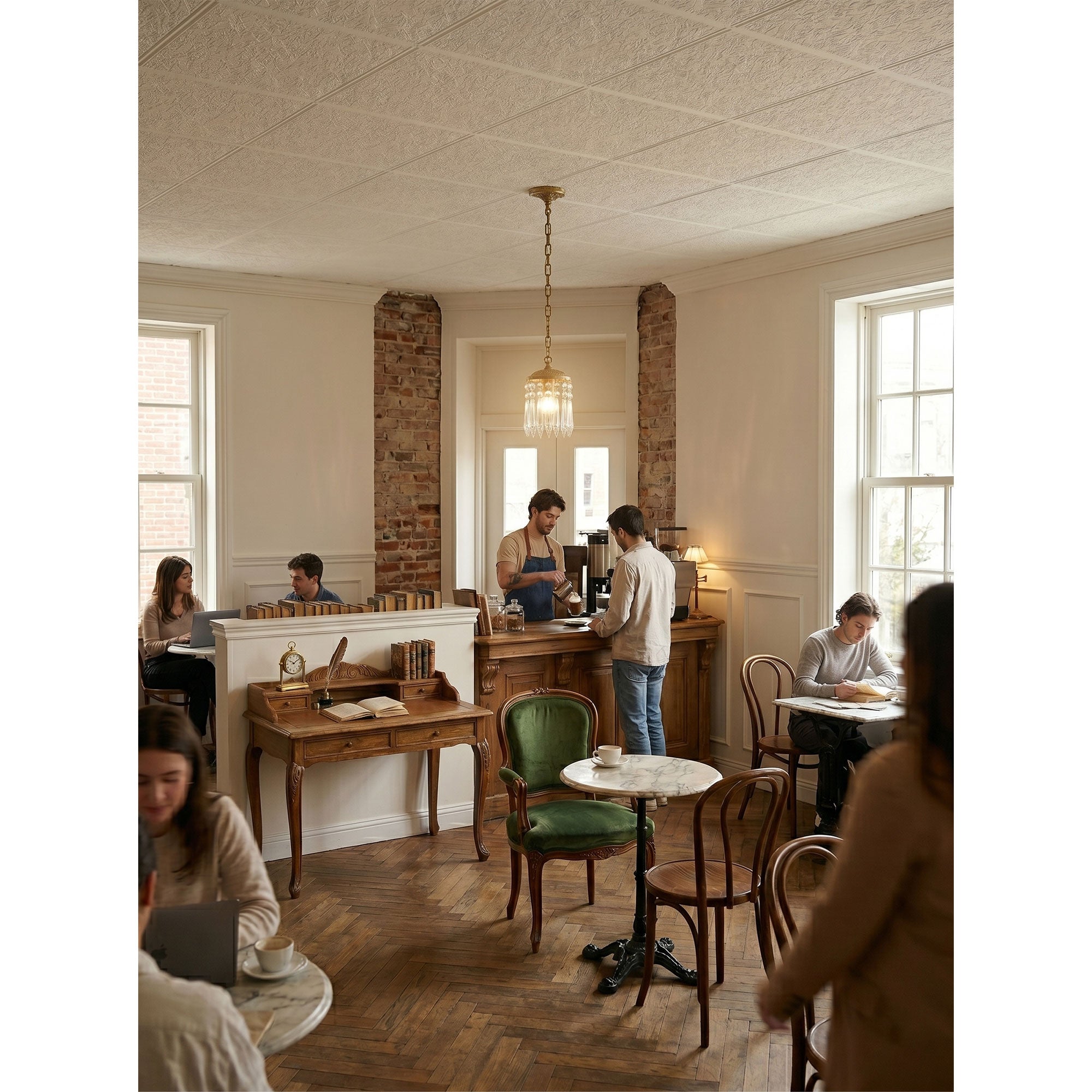 Lifestyle photo of the pendant lamp in a grandmillennial style living space.