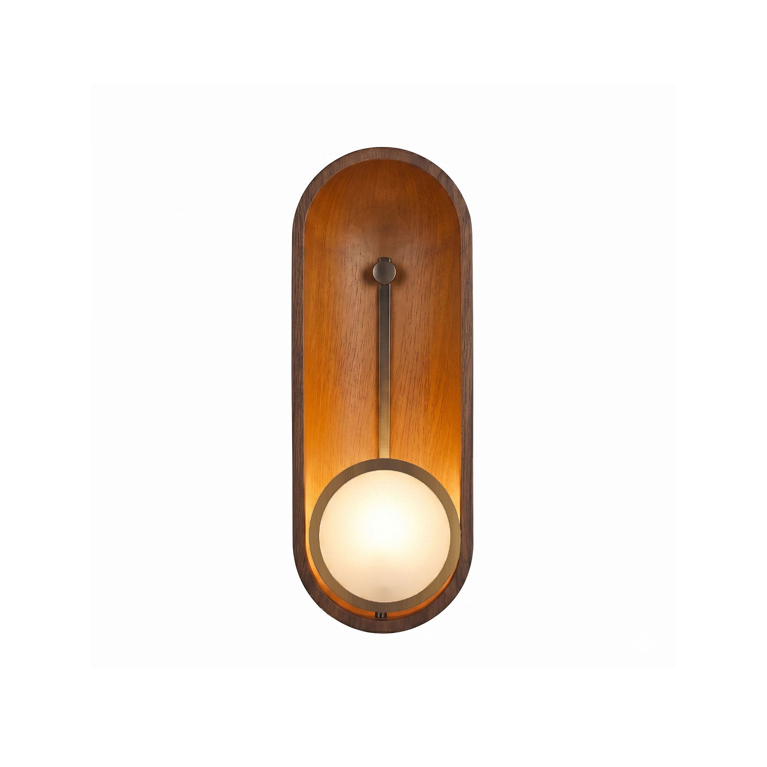 Aperture Wall Sconce with walnut wood backplate and antique brass stem.