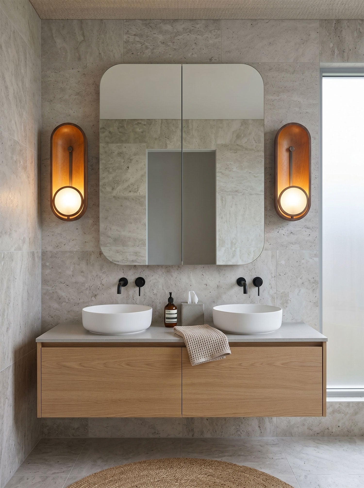 Front view of the capsule-shaped Aperture Wall Sconce against a neutral wall.