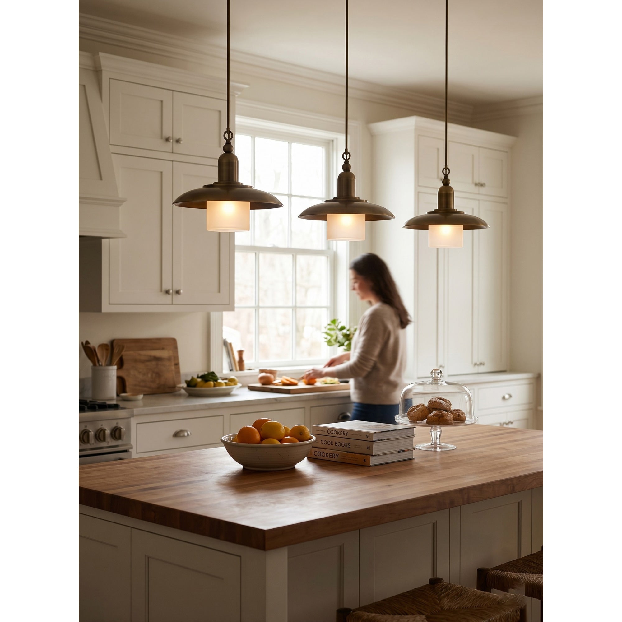 The lamp shown with a warm, lit bulb, creating a soft glow.