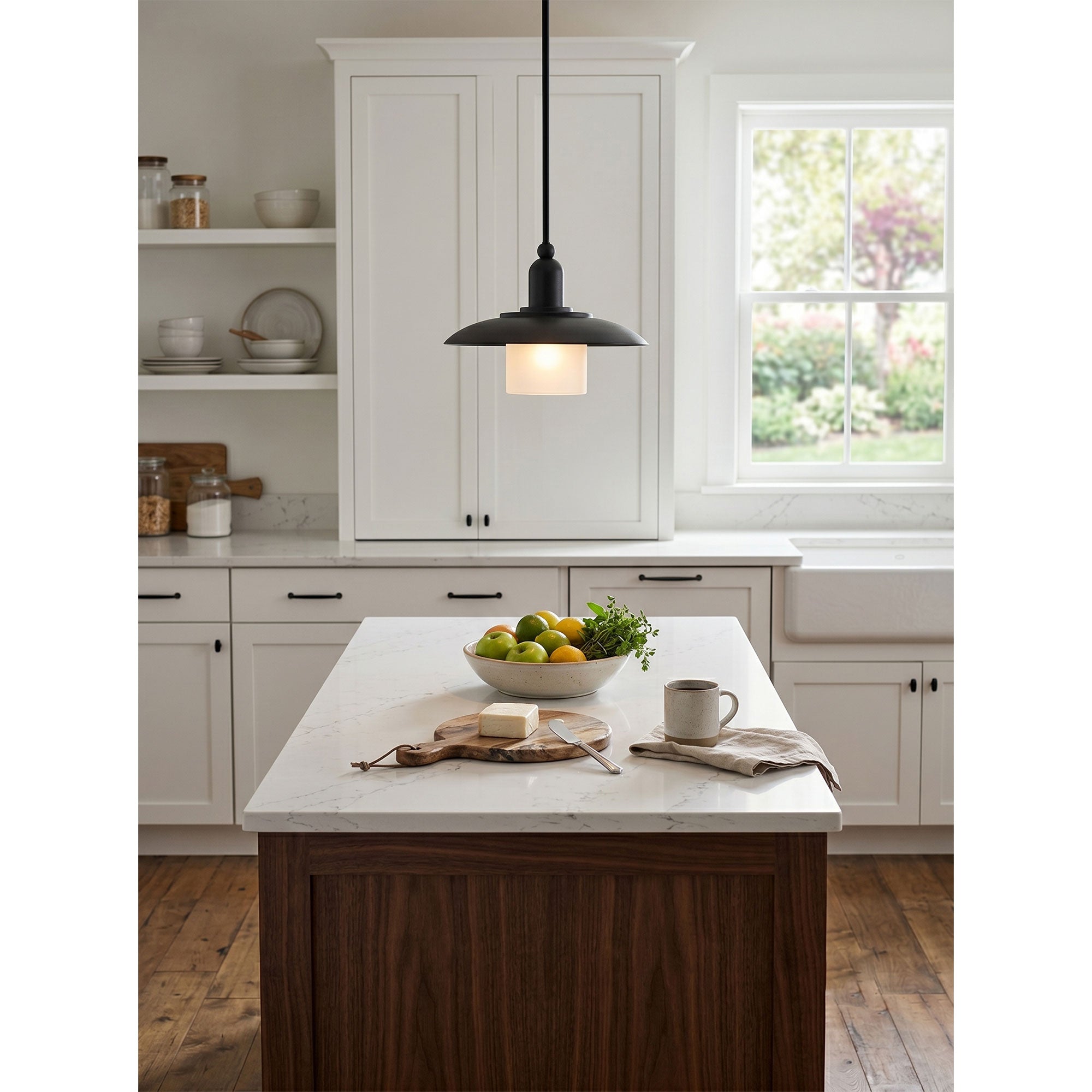 Lifestyle image of the Argent Pendant Lamp in a farmhouse kitchen.