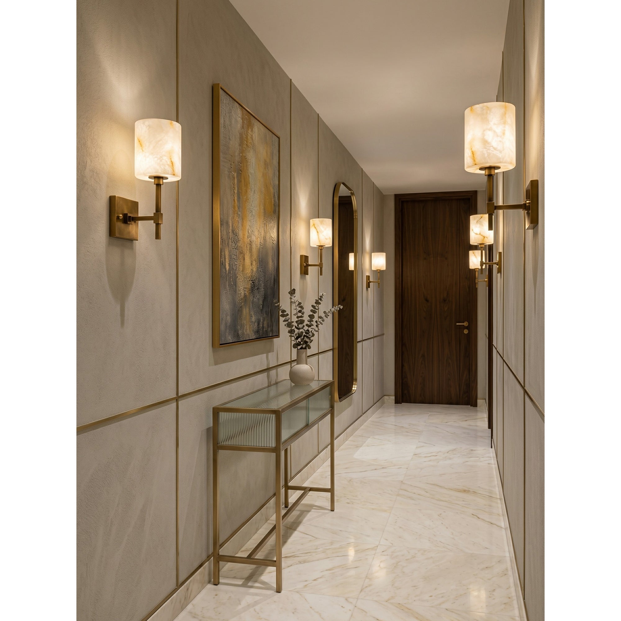 Lifestyle image of the sconce in a Japandi-style living room.
