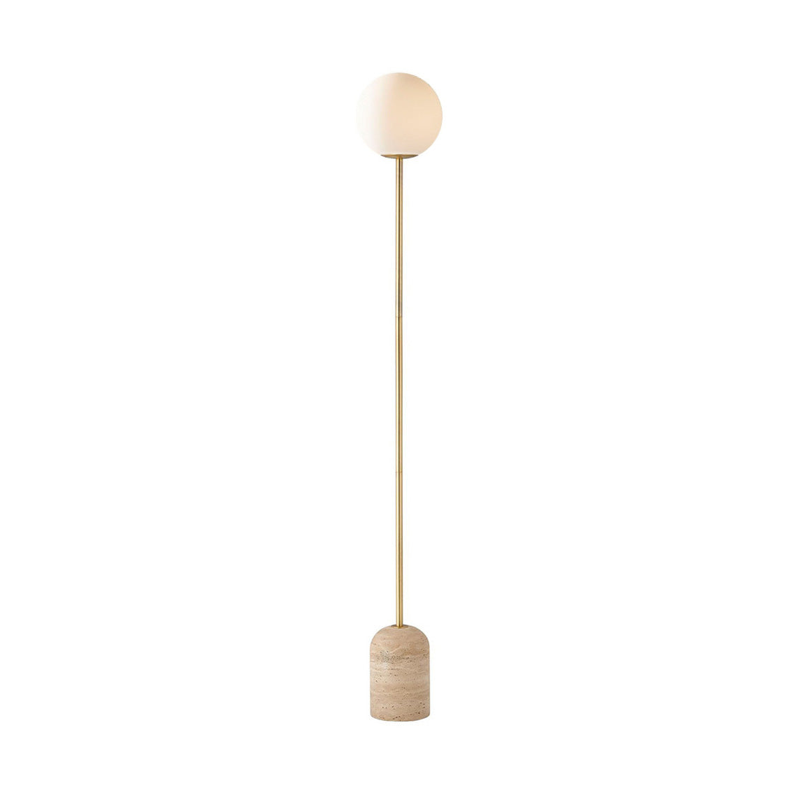 Aseneth Travertine Floor Lamp with frosted glass globe shade.
